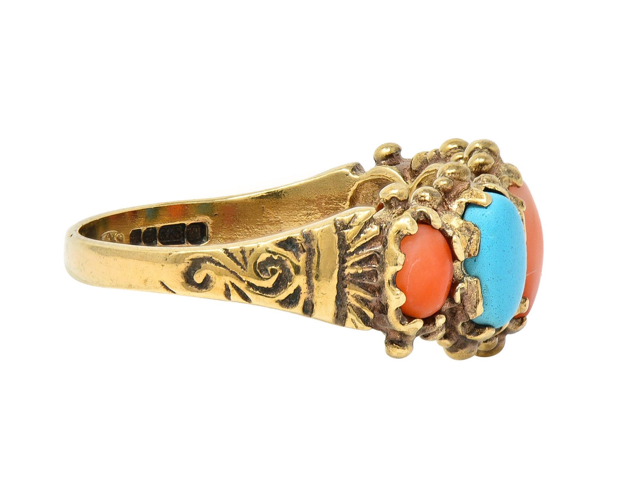 Oval Cut Vintage Brutalist Coral Turquoise 9 Karat Yellow Gold Five Stone Band Ring