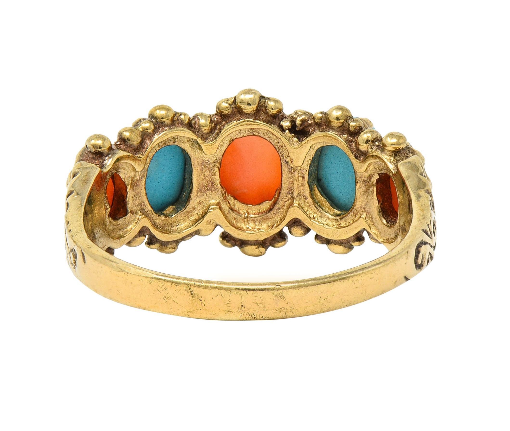 Vintage Brutalist Coral Turquoise 9 Karat Yellow Gold Five Stone Band Ring In Excellent Condition In Philadelphia, PA