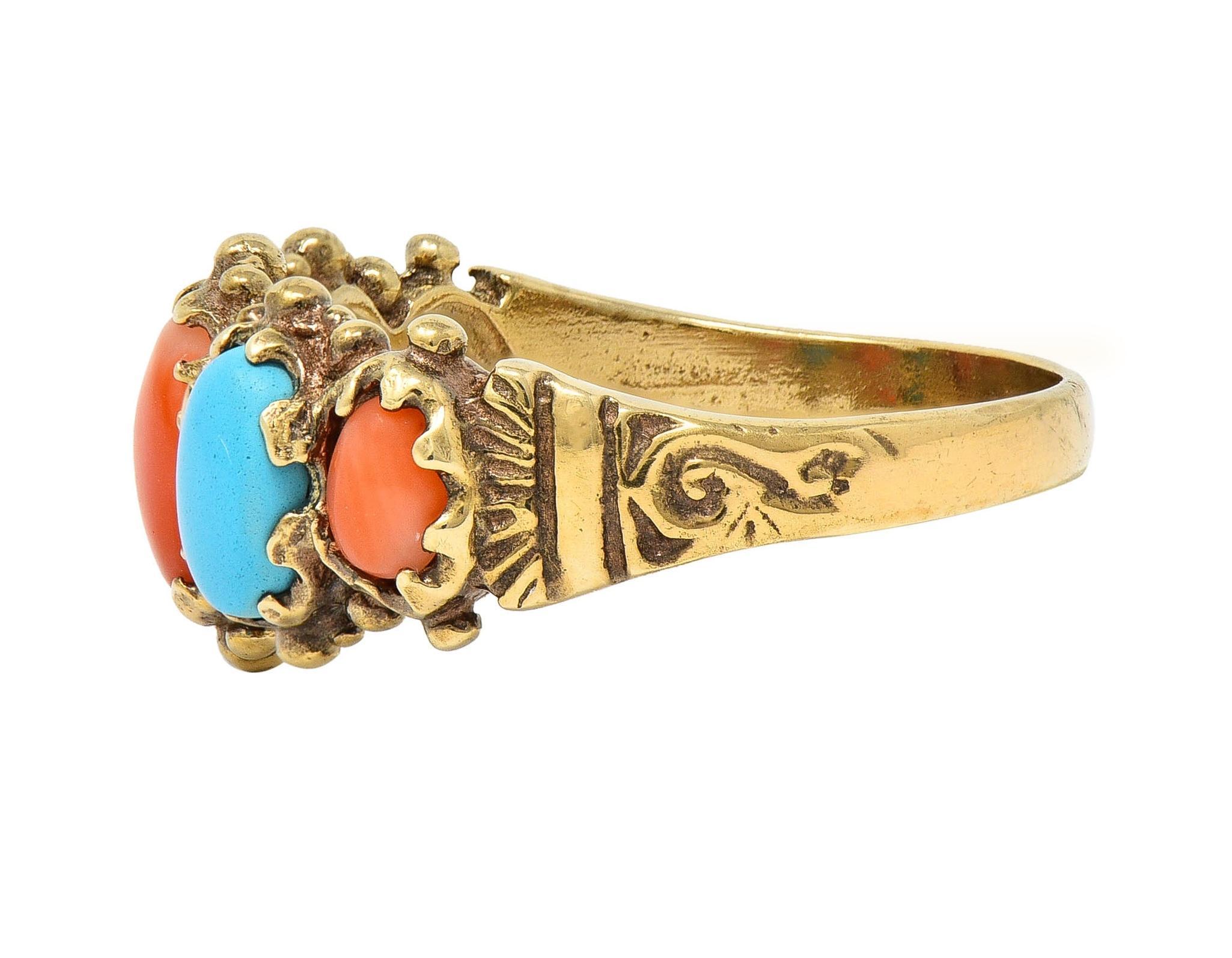 Women's or Men's Vintage Brutalist Coral Turquoise 9 Karat Yellow Gold Five Stone Band Ring