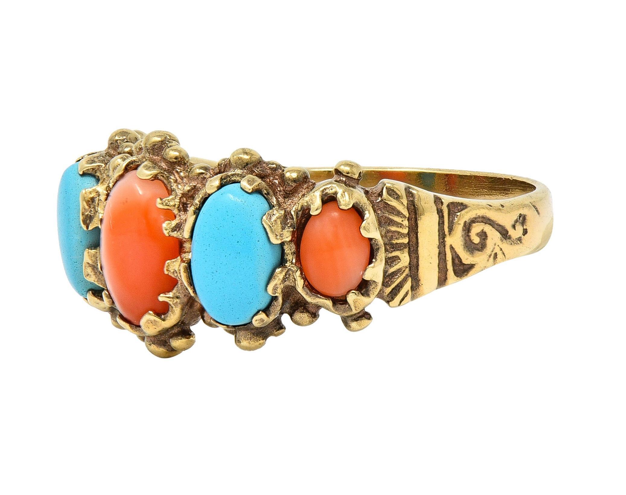 Vintage Brutalist Coral Turquoise 9 Karat Yellow Gold Five Stone Band Ring 1