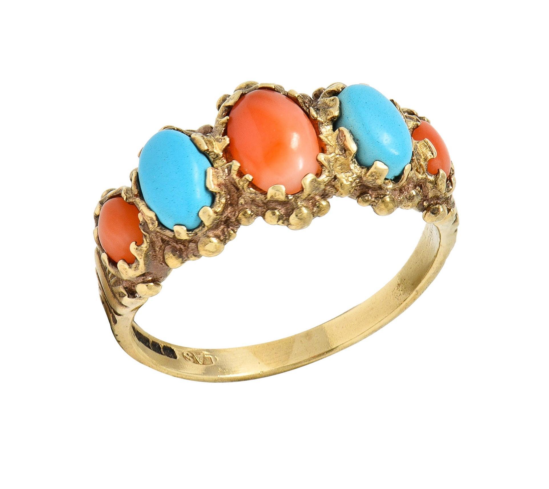 Vintage Brutalist Coral Turquoise 9 Karat Yellow Gold Five Stone Band Ring 3