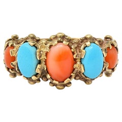 Vintage Brutalist Coral Turquoise 9 Karat Yellow Gold Five Stone Band Ring