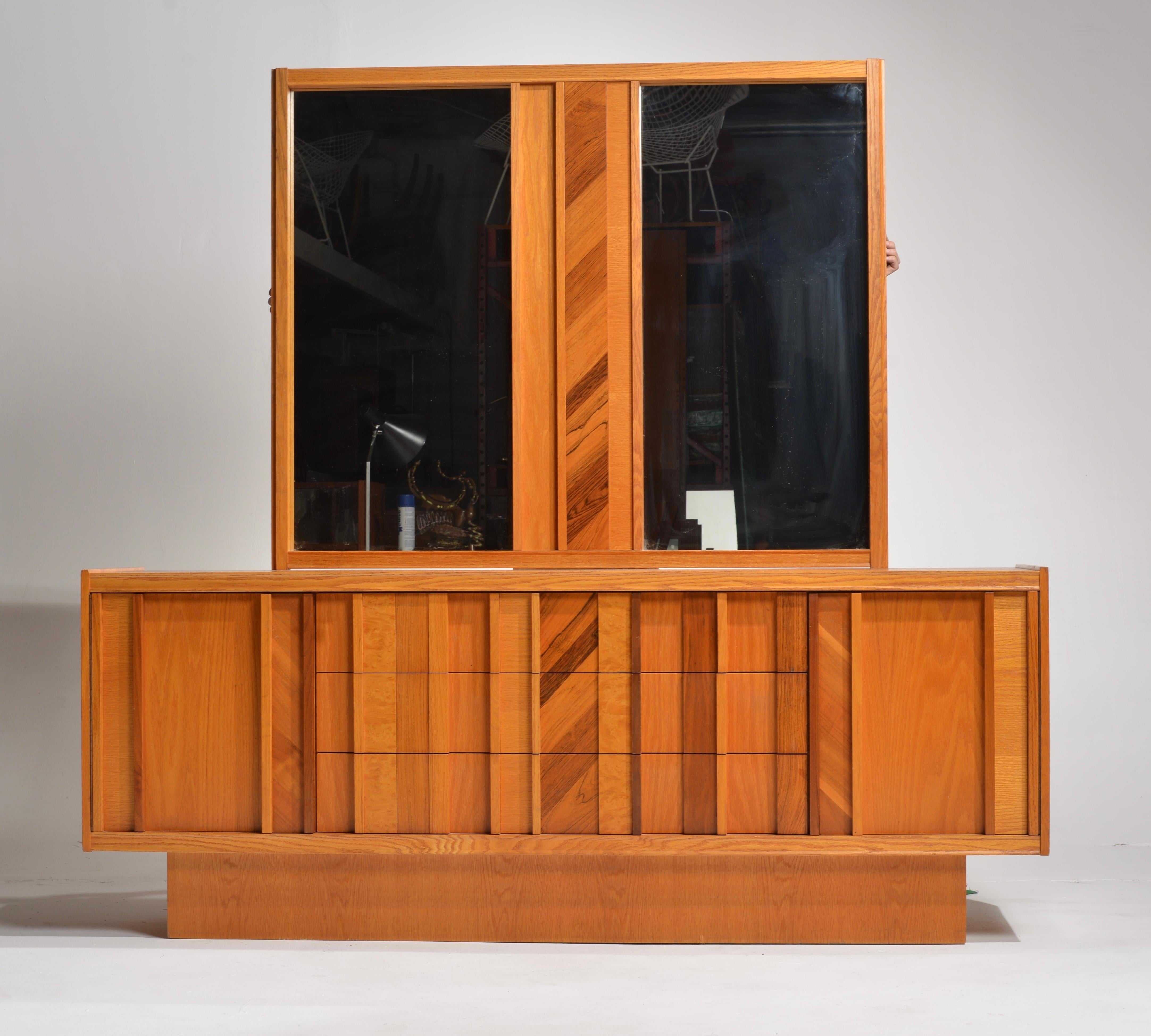Vintage Brutalist Credenza Dresser in Oak, Rosewood, Hickory and Burl Wood For Sale 7