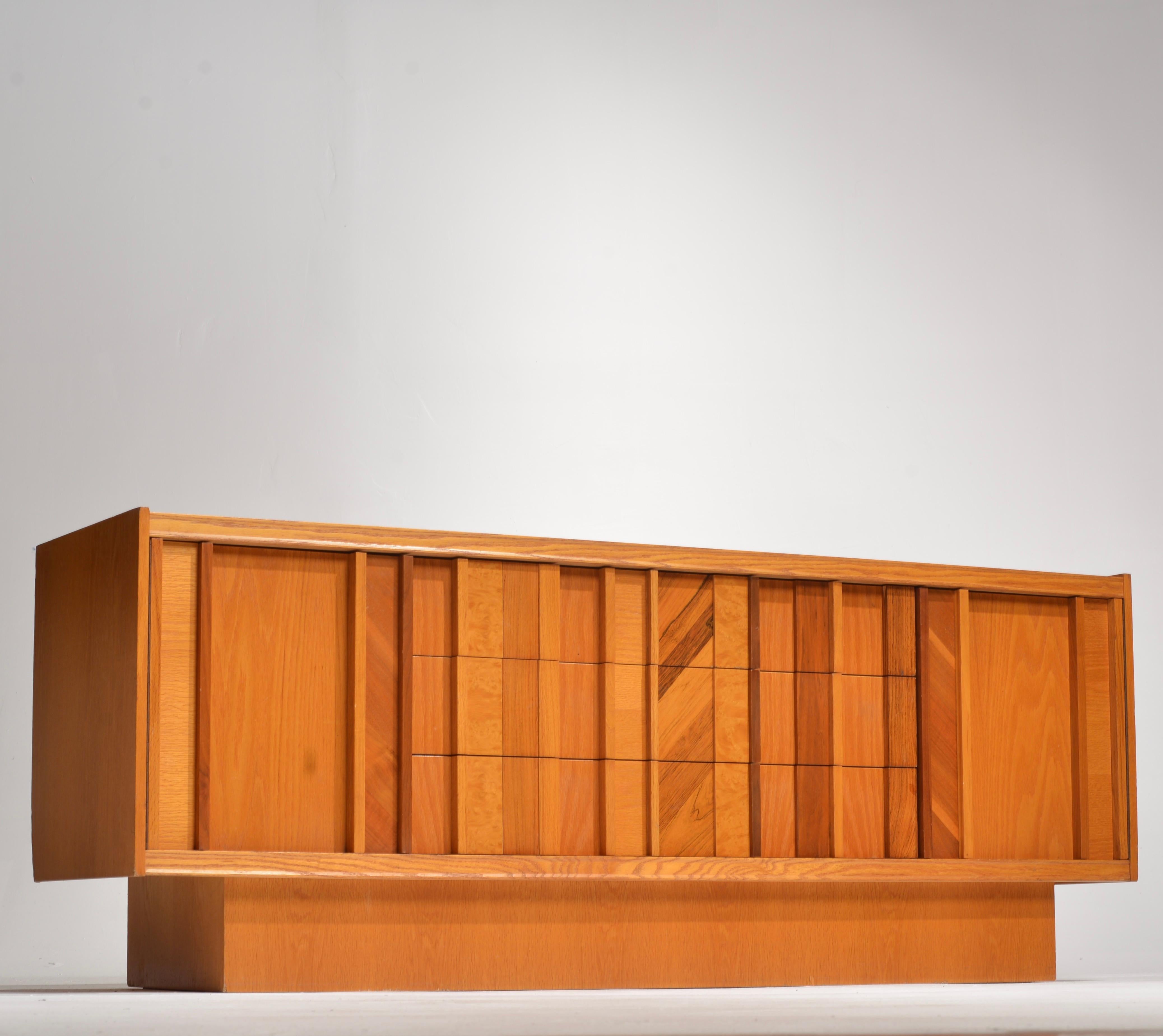 Mid-Century Modern Vintage Brutalist Credenza Dresser in Oak, Rosewood, Hickory and Burl Wood For Sale