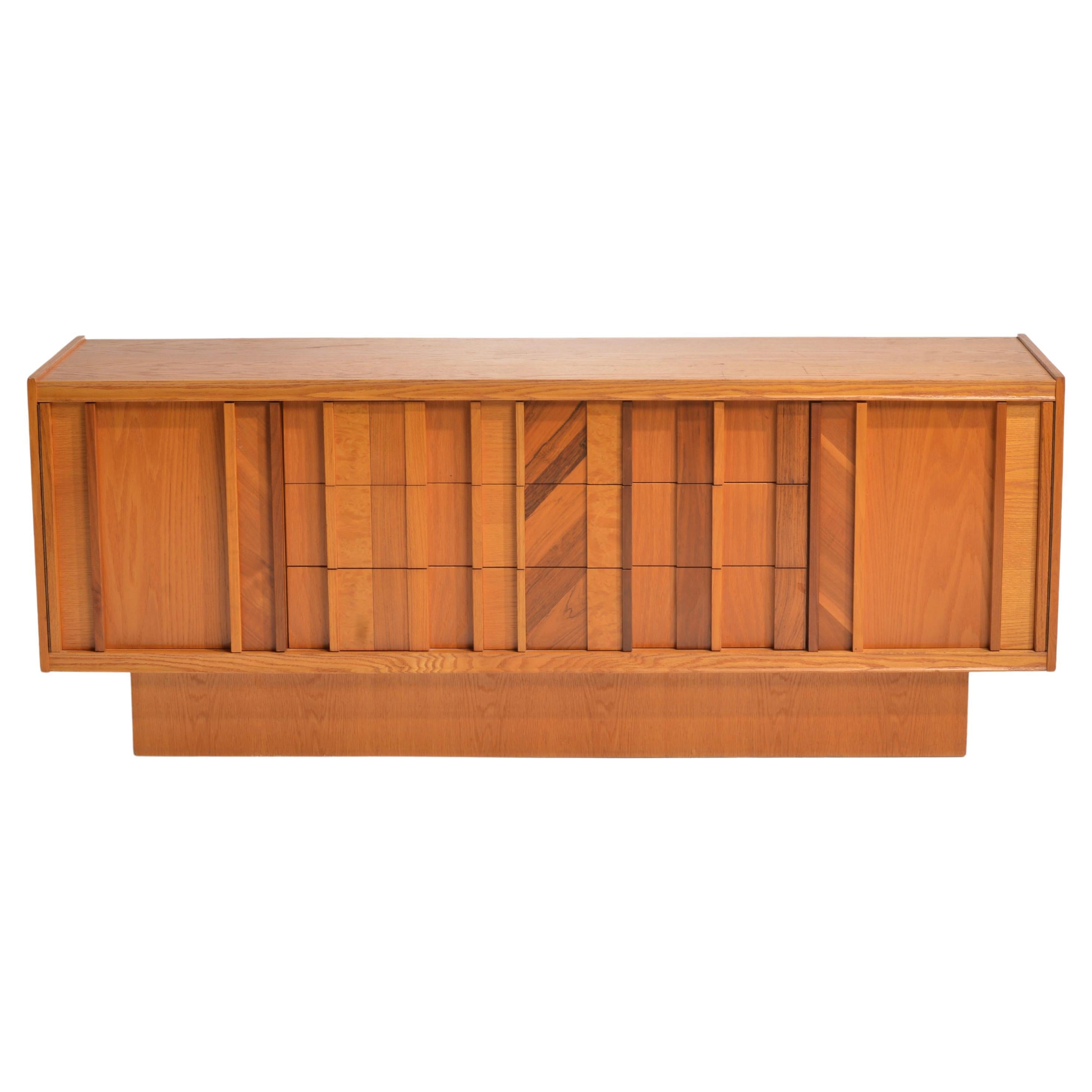 Vintage Brutalist Credenza Dresser in Oak, Rosewood, Hickory and Burl Wood For Sale