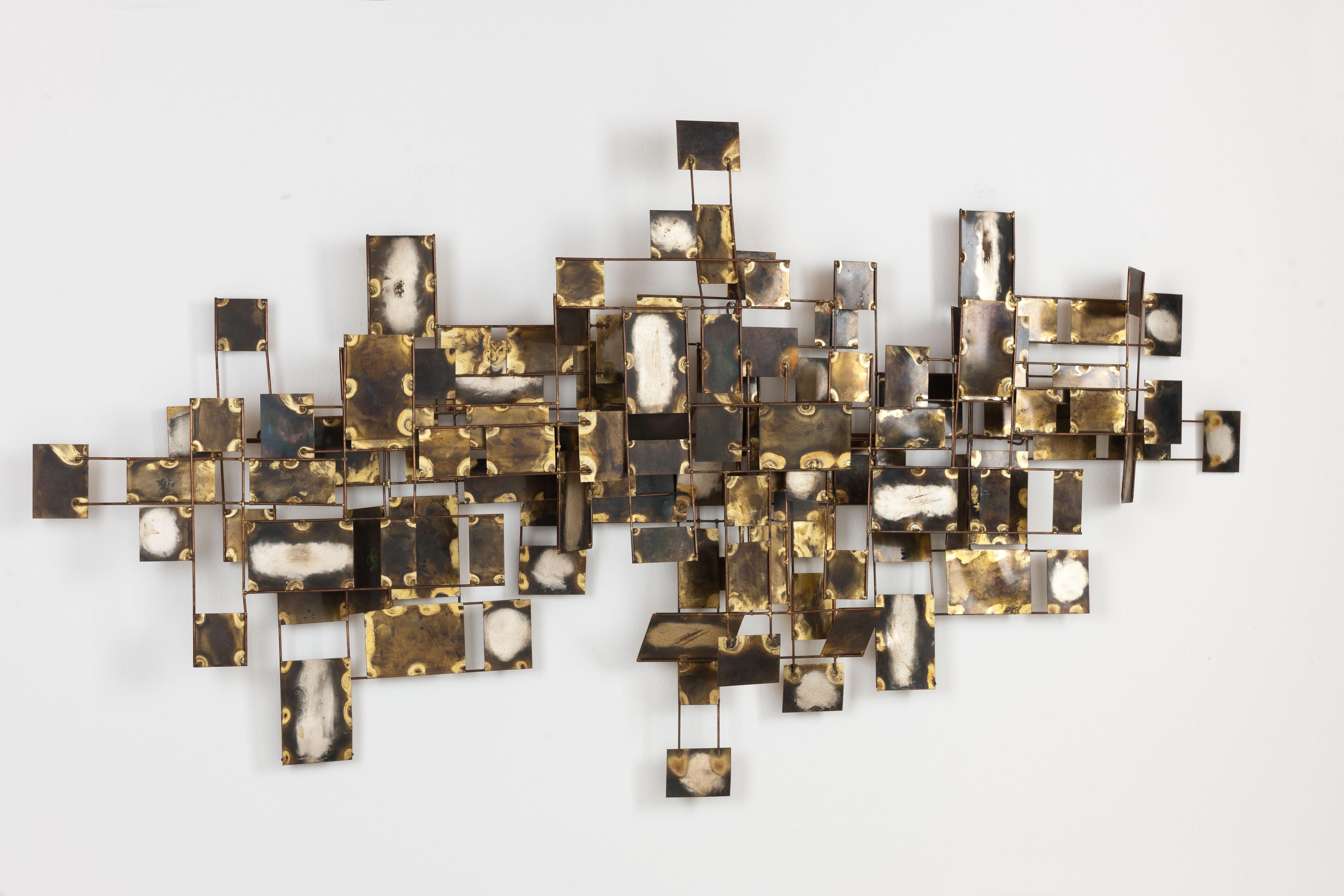 Original vintage Curtis Jere brutalist style “Labyrinth” abstract wall sculpture consisting of various metal brass elements with beautiful oxidised finishes by Artisan House. This large piece is setup to hang both horizontally and vertically on a