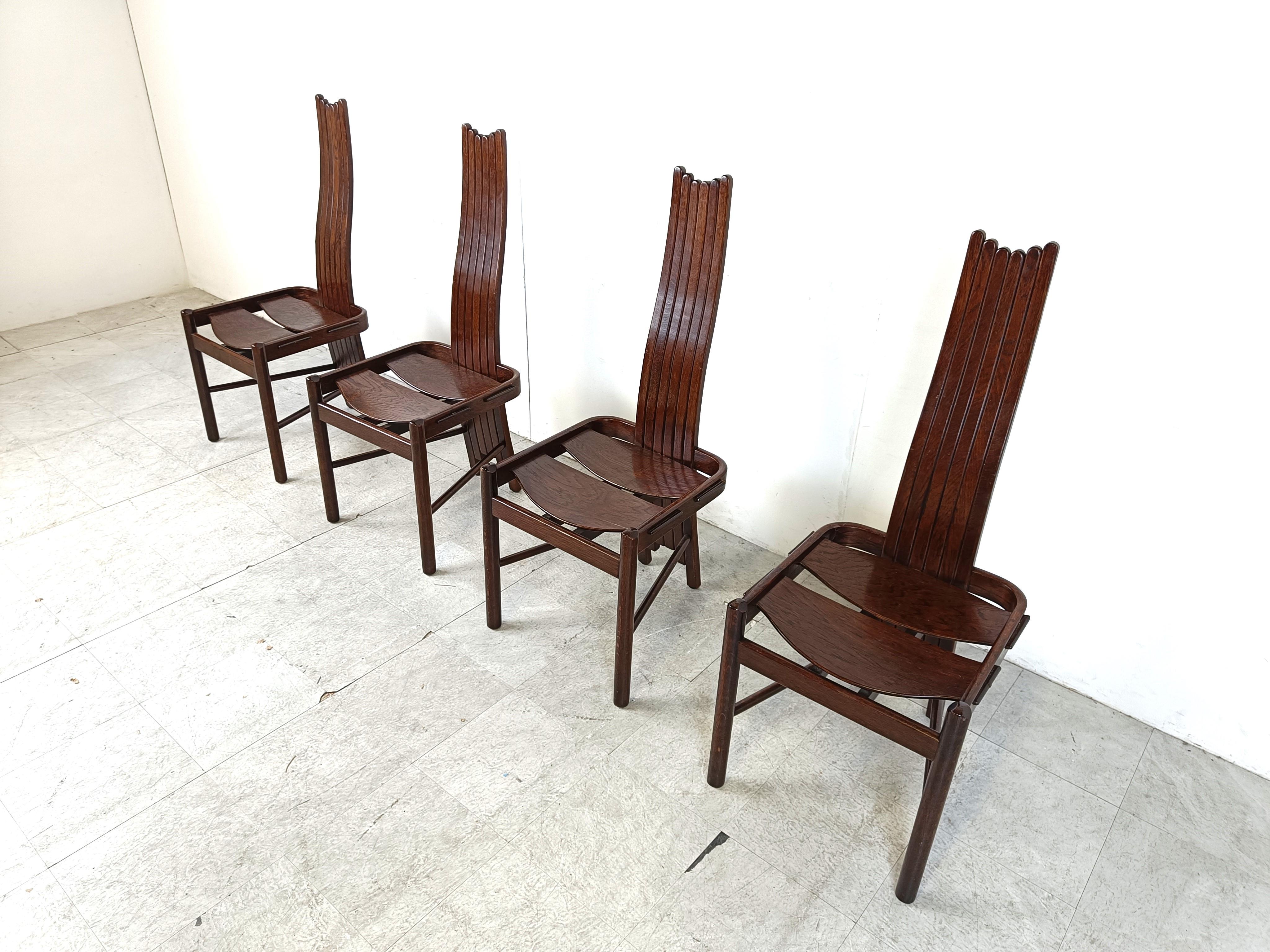 Vintage Brutalist Curved Oak Dining Chairs from Allmilmö, 1980s, Set of 4 In Good Condition For Sale In HEVERLEE, BE