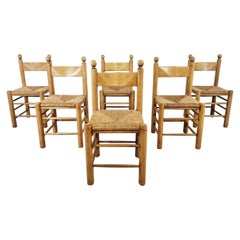 Vintage Brutalist Dining Chairs in Oak and Wicker, 1960s Vintage Brutalist Dining Chairs in Oak and Wicker, 1960s