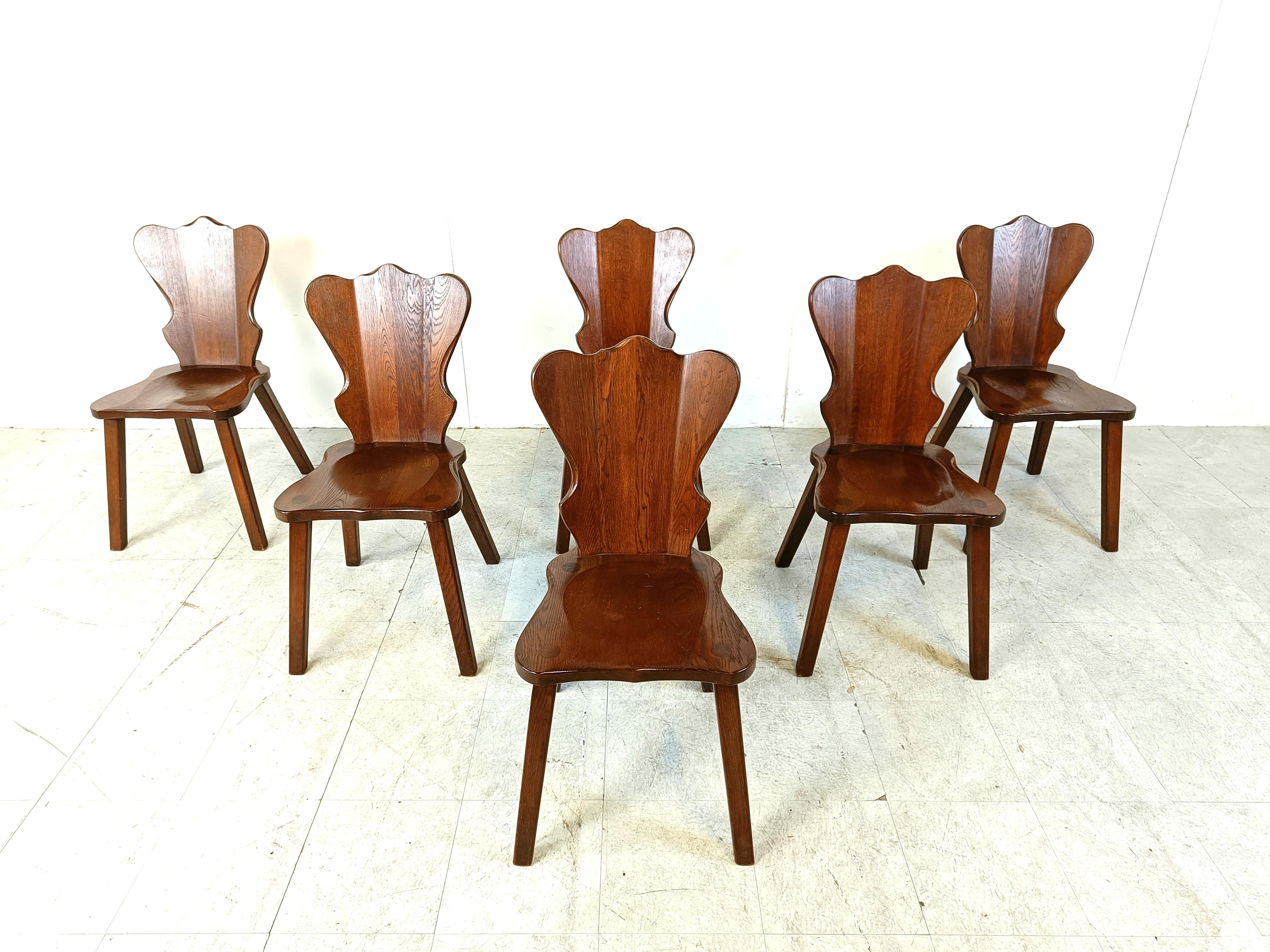Mid century solid wooden  brutalist dining chairs.

Nice rustic design.

Very sturdy chairs

Good original condition.

1960s - Sweden

Dimensions:
Height: 90cm
Seat height: 47cm
Width: 45cm
Depth: 50cm

Ref.: 203012

*Price is for the set