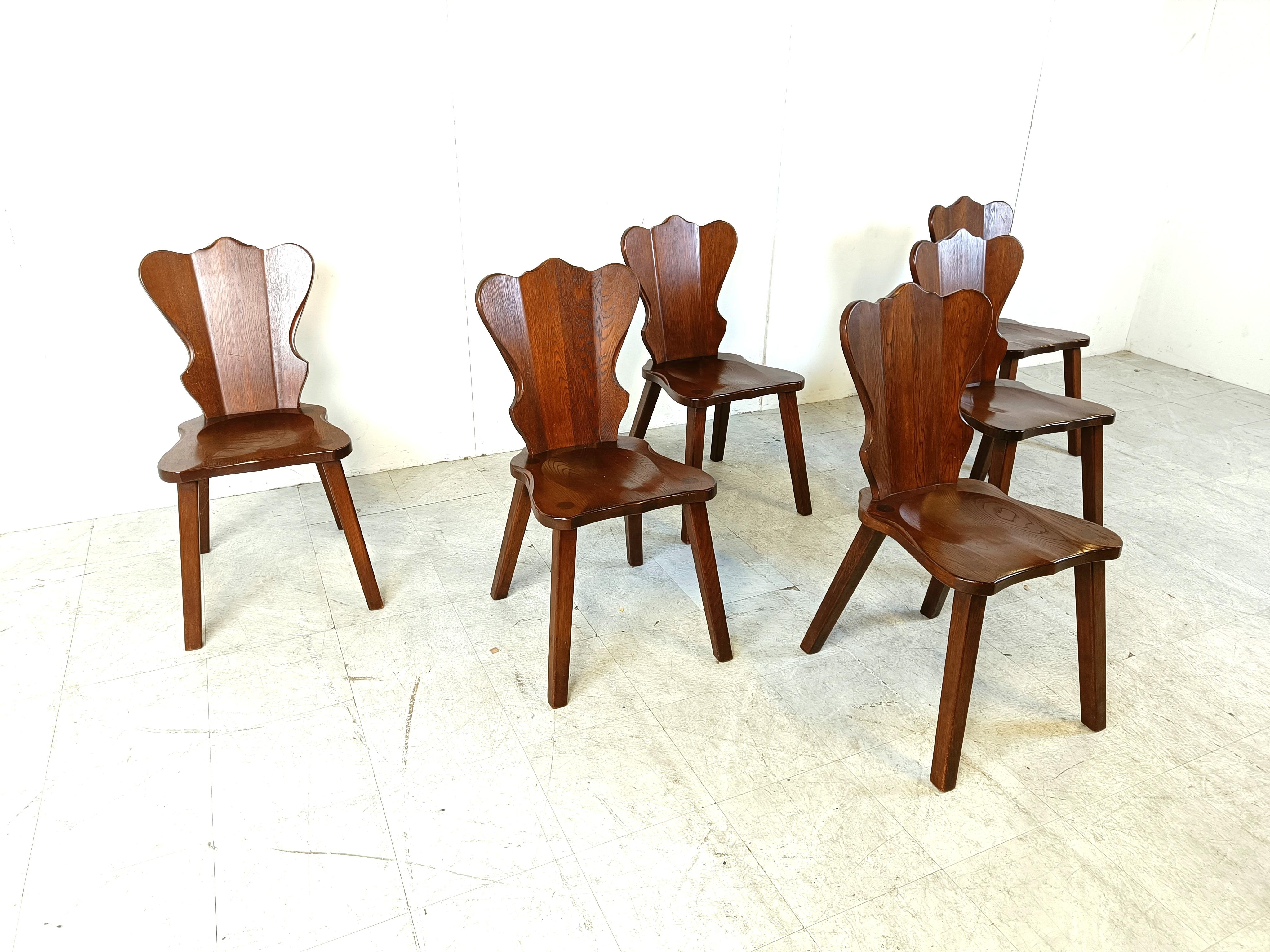 Wood Vintage brutalist dining chairs, set of 6 - 1960s For Sale