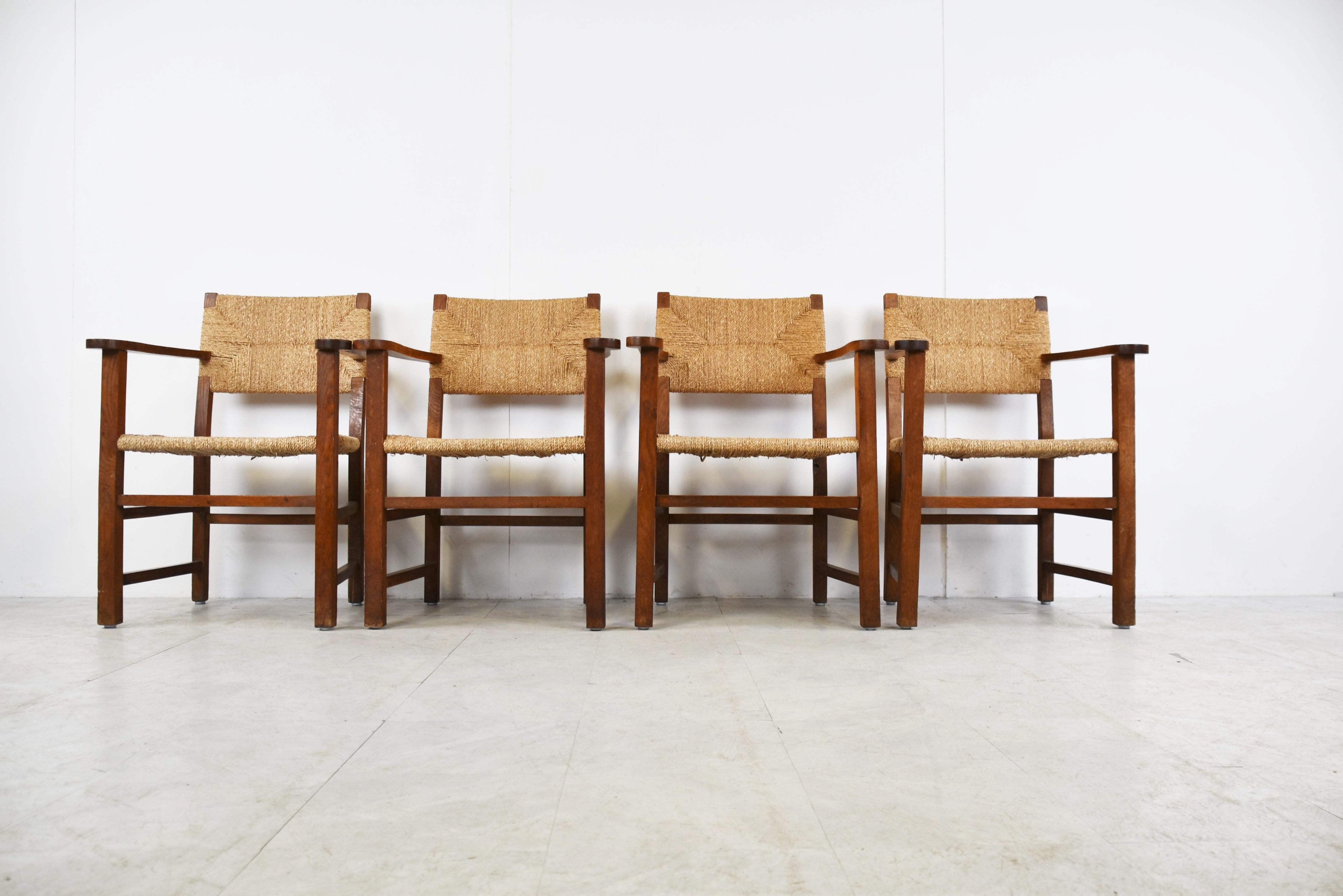 French Vintage Brutalist Dining Papercord Chairs, 1950s