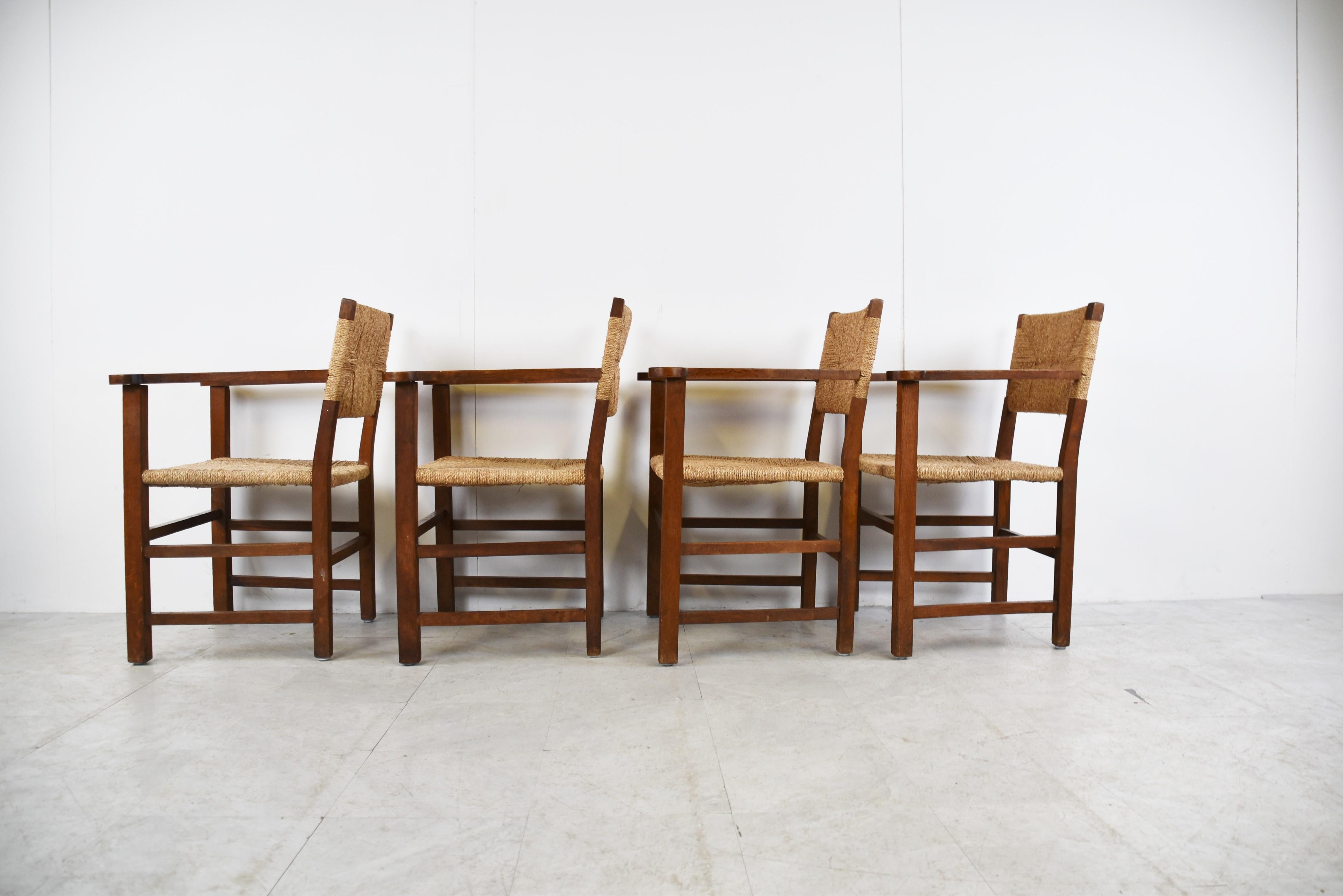 Mid-20th Century Vintage Brutalist Dining Papercord Chairs, 1950s