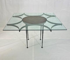 Vintage Brutalist Dining Table with Glass Top and Sculptural Textured Metal Base