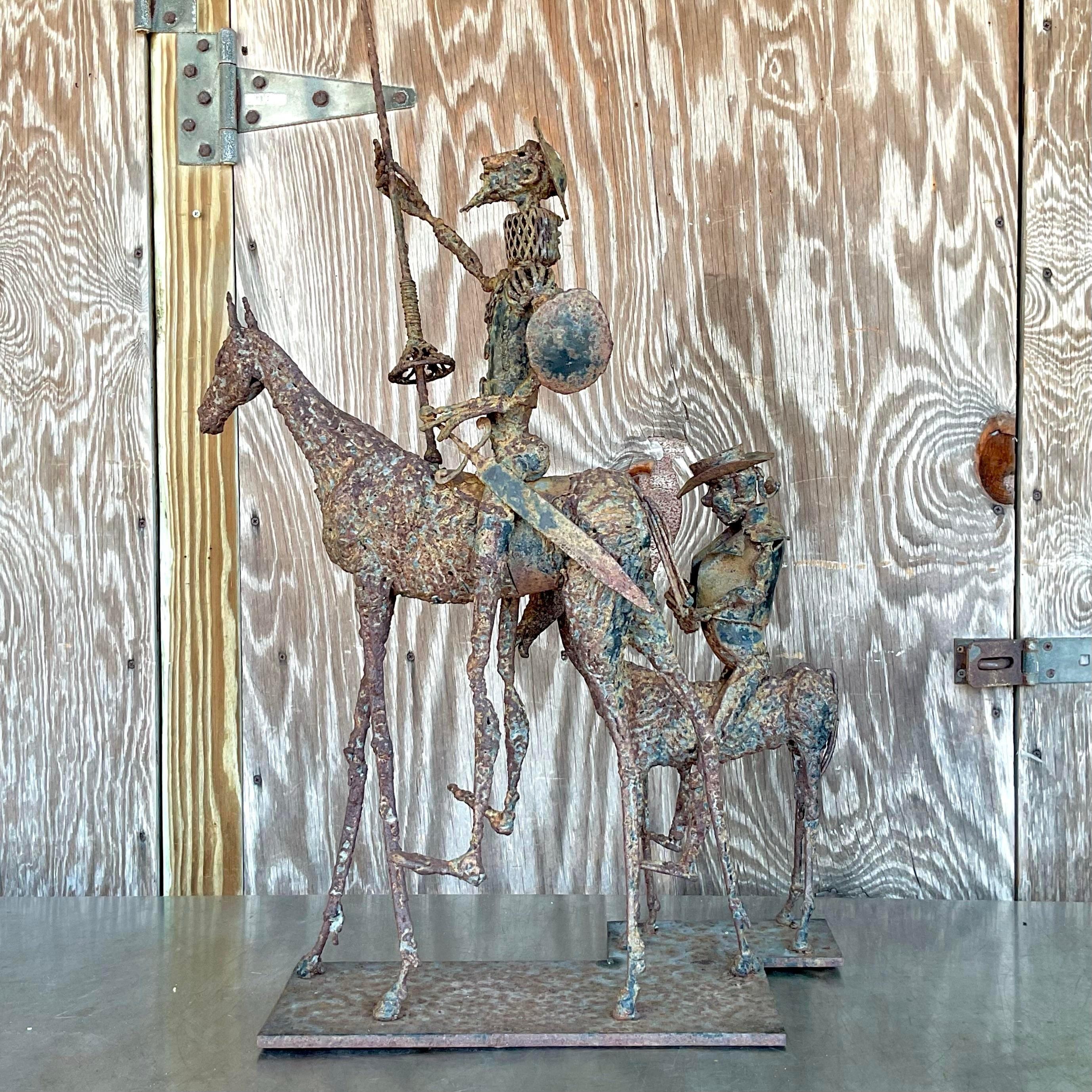 Add a striking piece of art to your collection with this Vintage MCM Brutalist Don Quixote Iron Sculpture. This powerful sculpture captures the iconic figure of Don Quixote in a bold, minimalist design typical of mid-century modern brutalism.