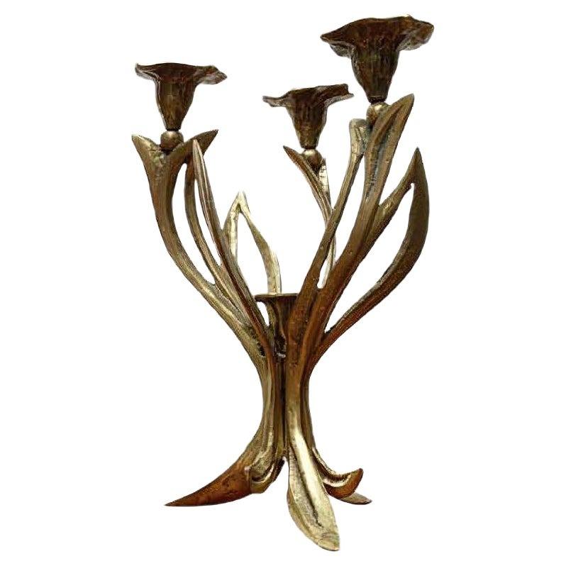 Vintage Brutalist Floral Metal Candleholder, 1970s