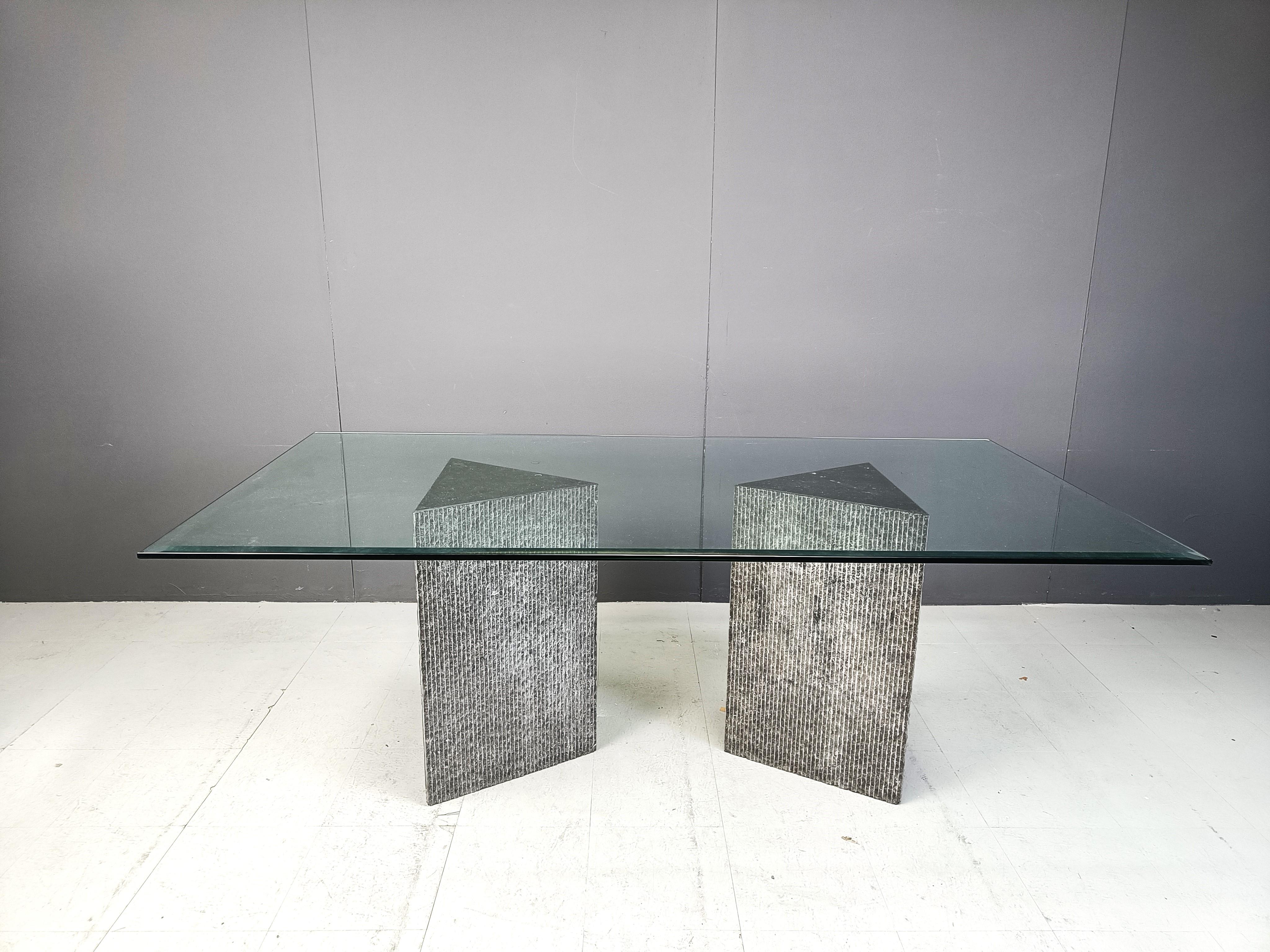 Brutalist Vintage brutalist g lass and marble dining table, 1970s For Sale