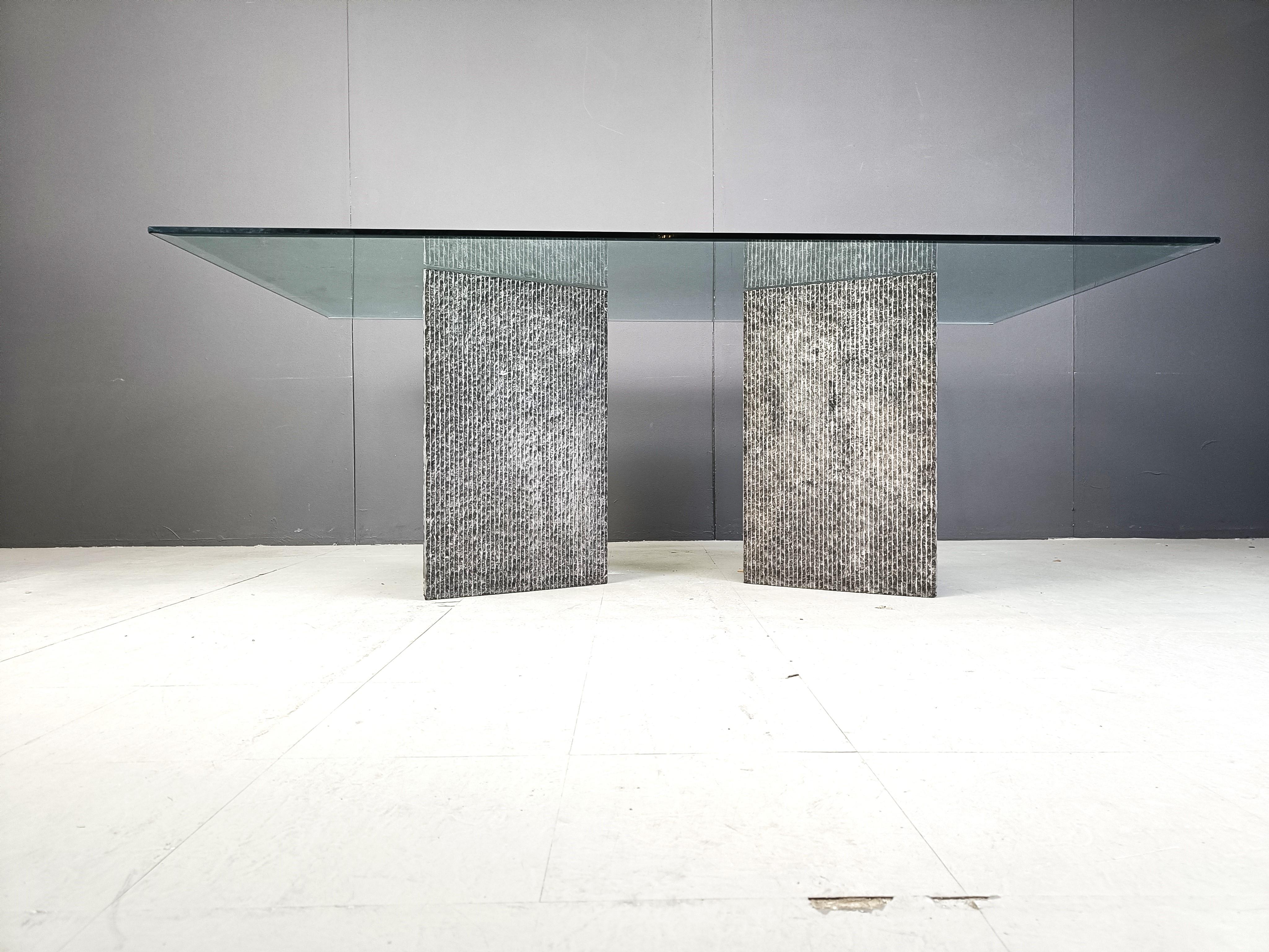 Late 20th Century Vintage brutalist g lass and marble dining table, 1970s For Sale