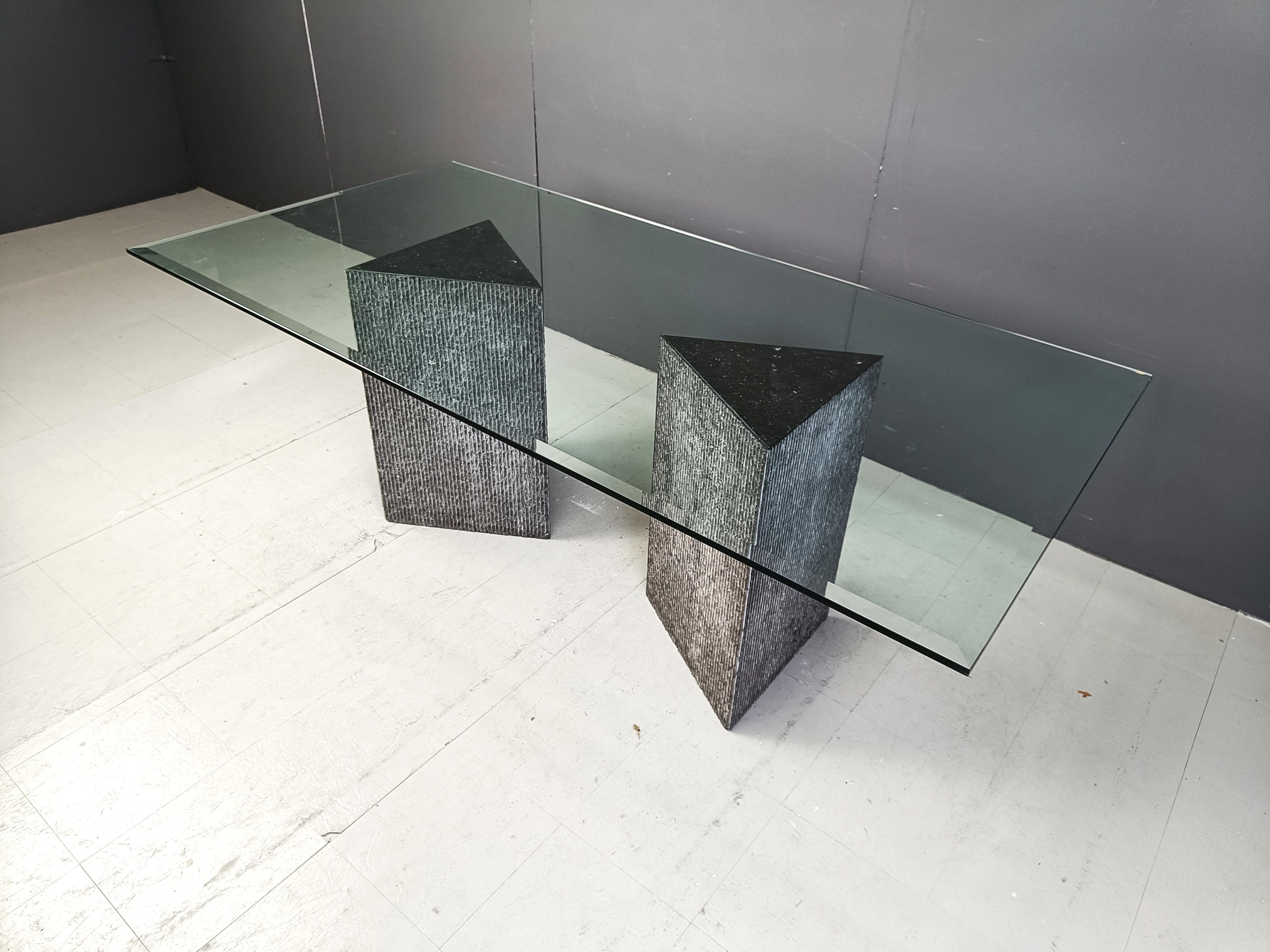 Glass Vintage brutalist g lass and marble dining table, 1970s For Sale