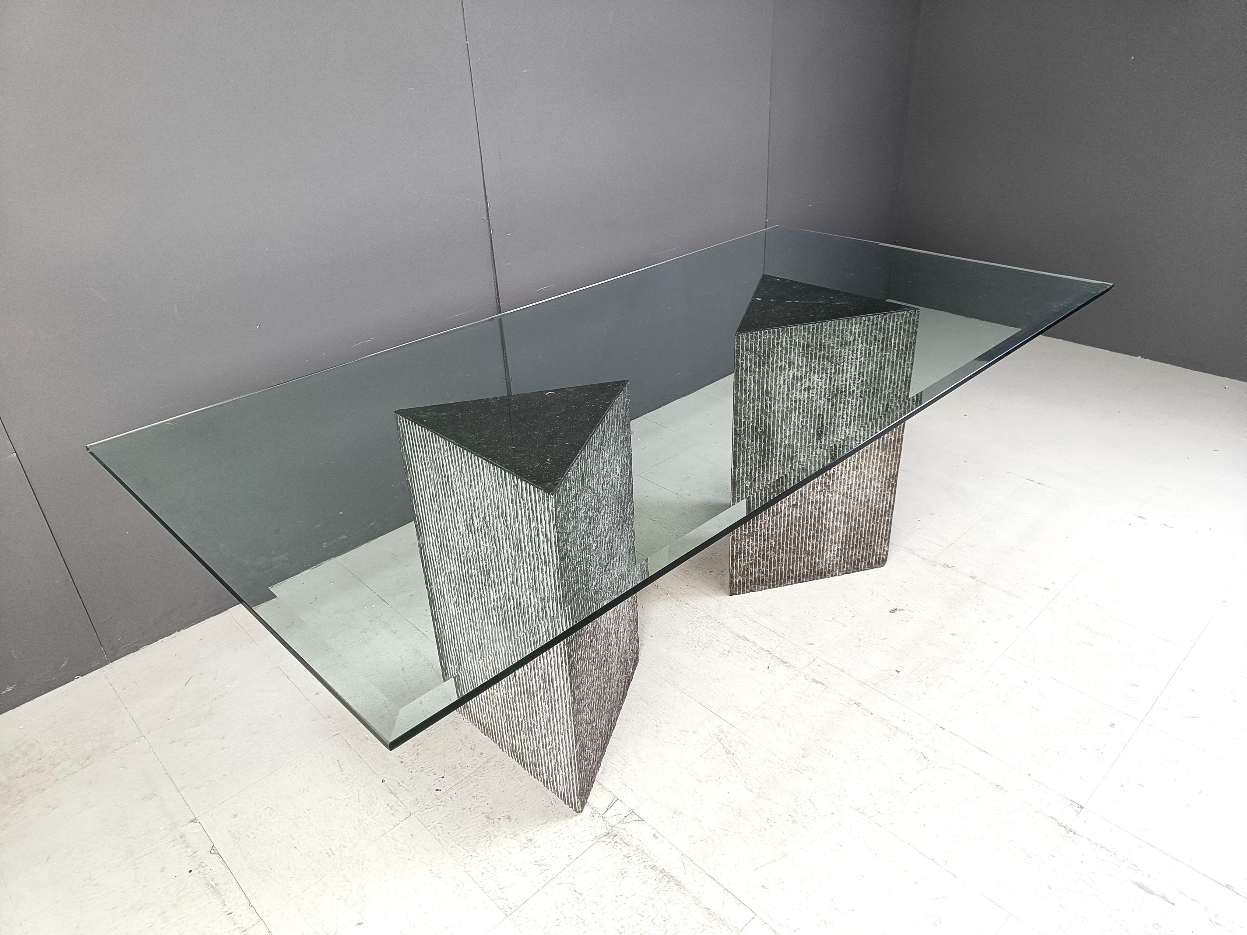 Vintage brutalist g lass and marble dining table, 1970s For Sale 2