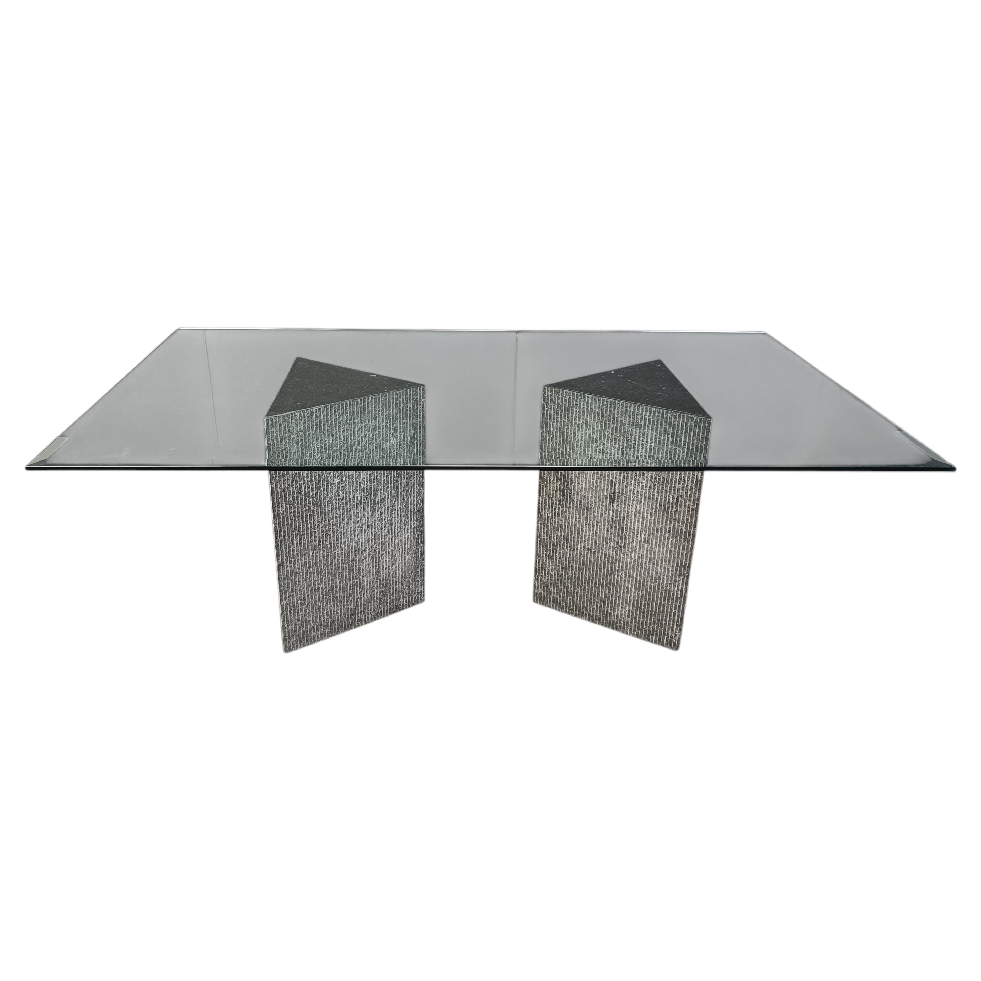 Vintage brutalist g lass and marble dining table, 1970s For Sale
