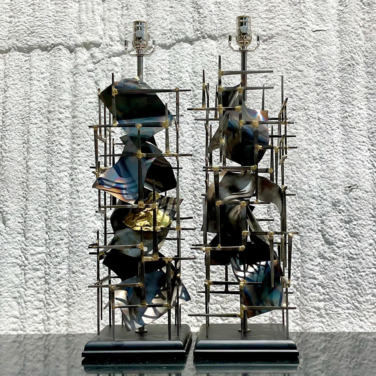 Vintage Brutalist Gilt Tipped Nail Sculpture Lamps, a Pair 5