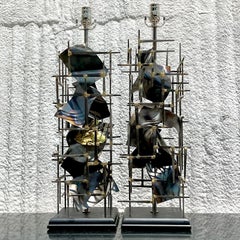 Vintage Brutalist Gilt Tipped Nail Sculpture Lamps, a Pair