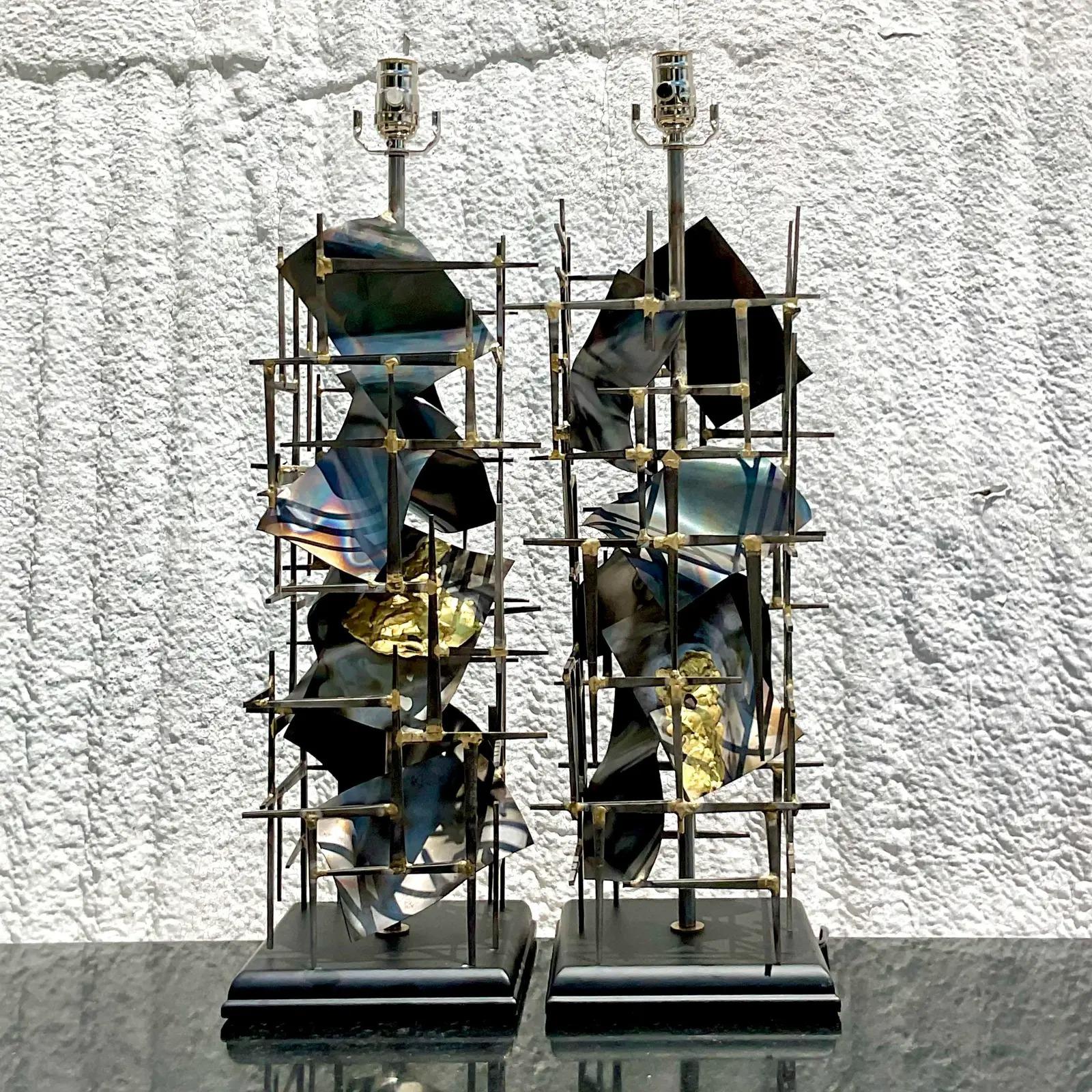 Vintage Brutalist Gilt Tipped Nail Sculpture Lamps, a Pair In Good Condition In west palm beach, FL