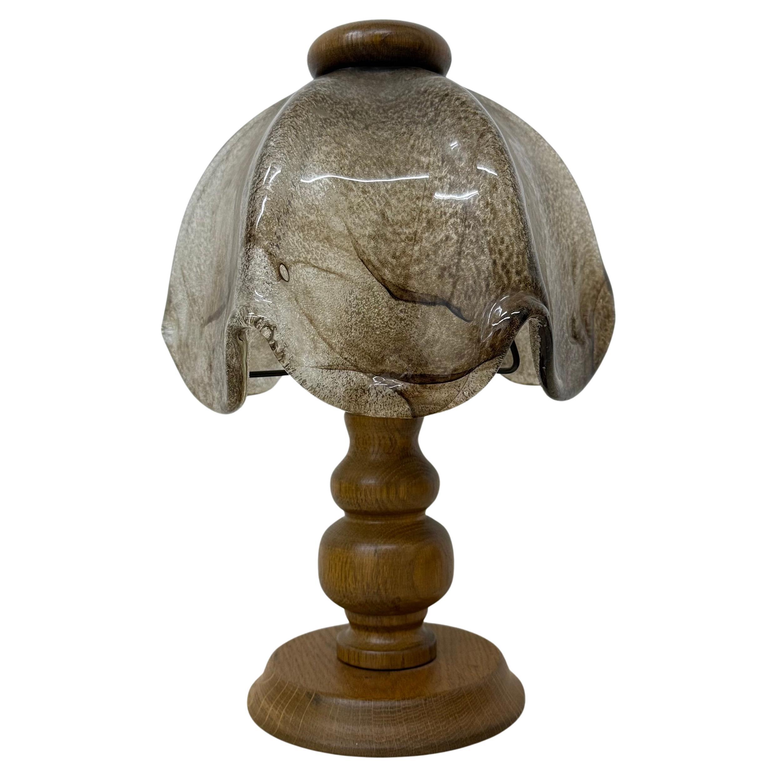 Vintage brutalist glass table lamp with solid oak wooden base , 1970s