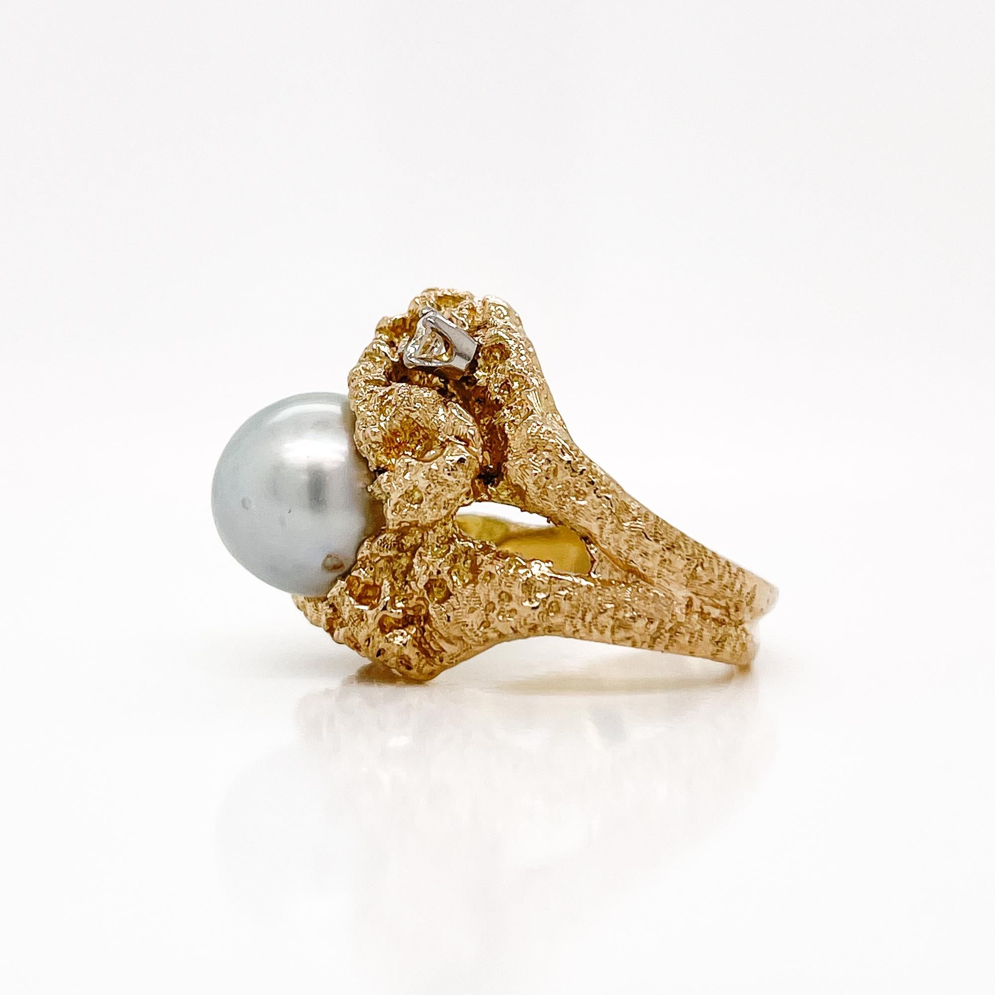 Vintage Brutalist Grey Baroque Pearl, Diamond & 14 Karat Gold Ring   For Sale 1