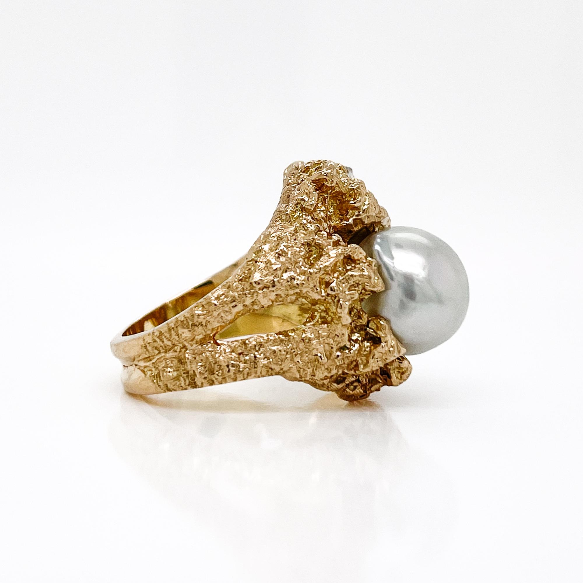 Vintage Brutalist Grey Baroque Pearl, Diamond & 14 Karat Gold Ring 3