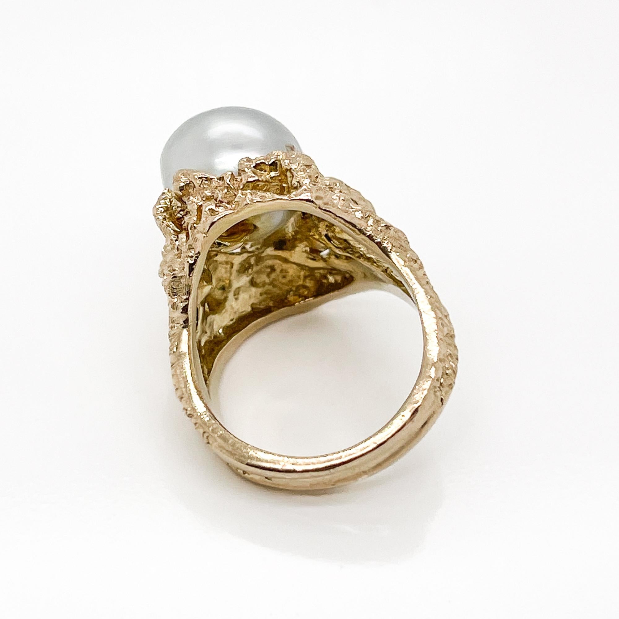 Vintage Brutalist Grey Baroque Pearl, Diamond & 14 Karat Gold Ring 6