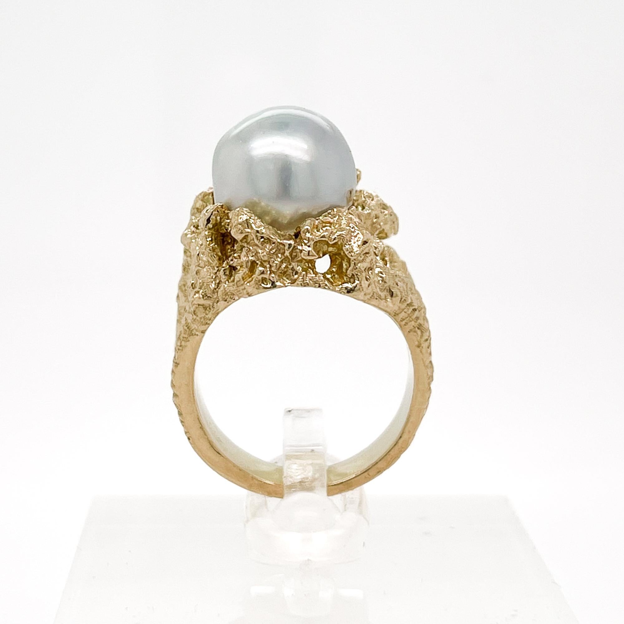 Modernist Vintage Brutalist Grey Baroque Pearl, Diamond & 14 Karat Gold Ring   For Sale