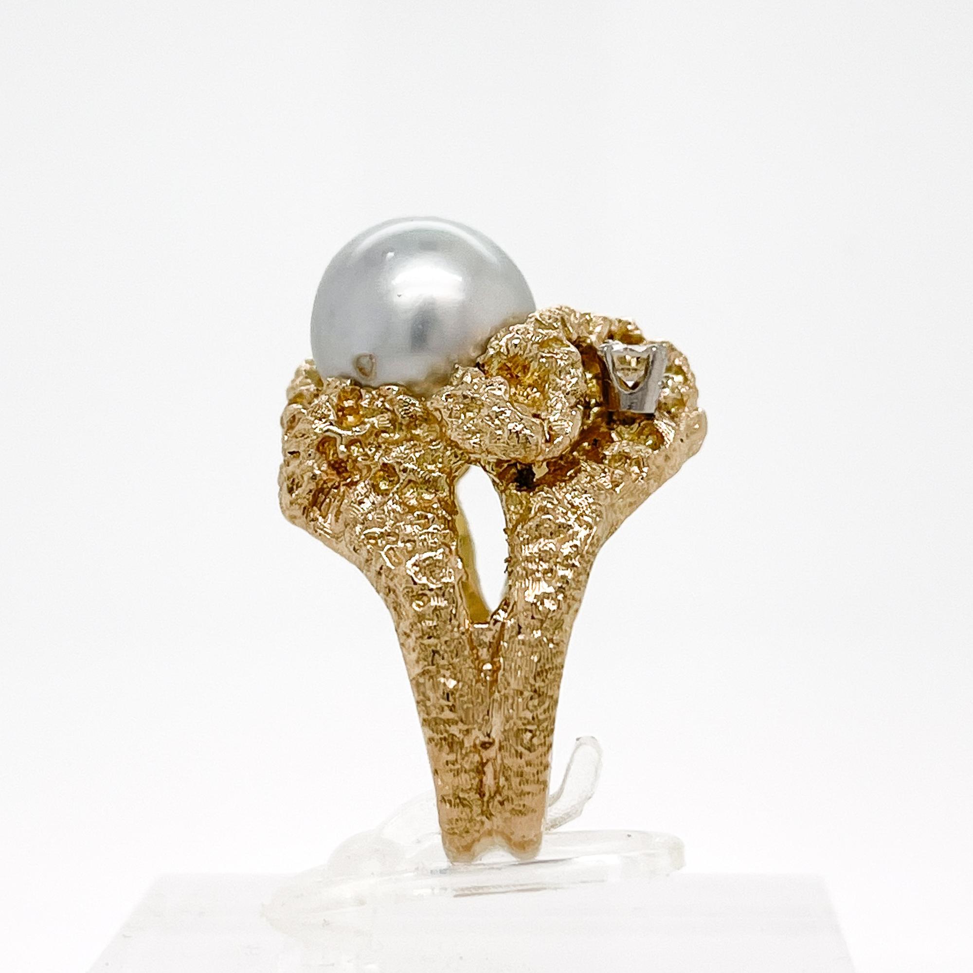 Vintage Brutalist Grey Baroque Pearl, Diamond & 14 Karat Gold Ring In Good Condition In Philadelphia, PA