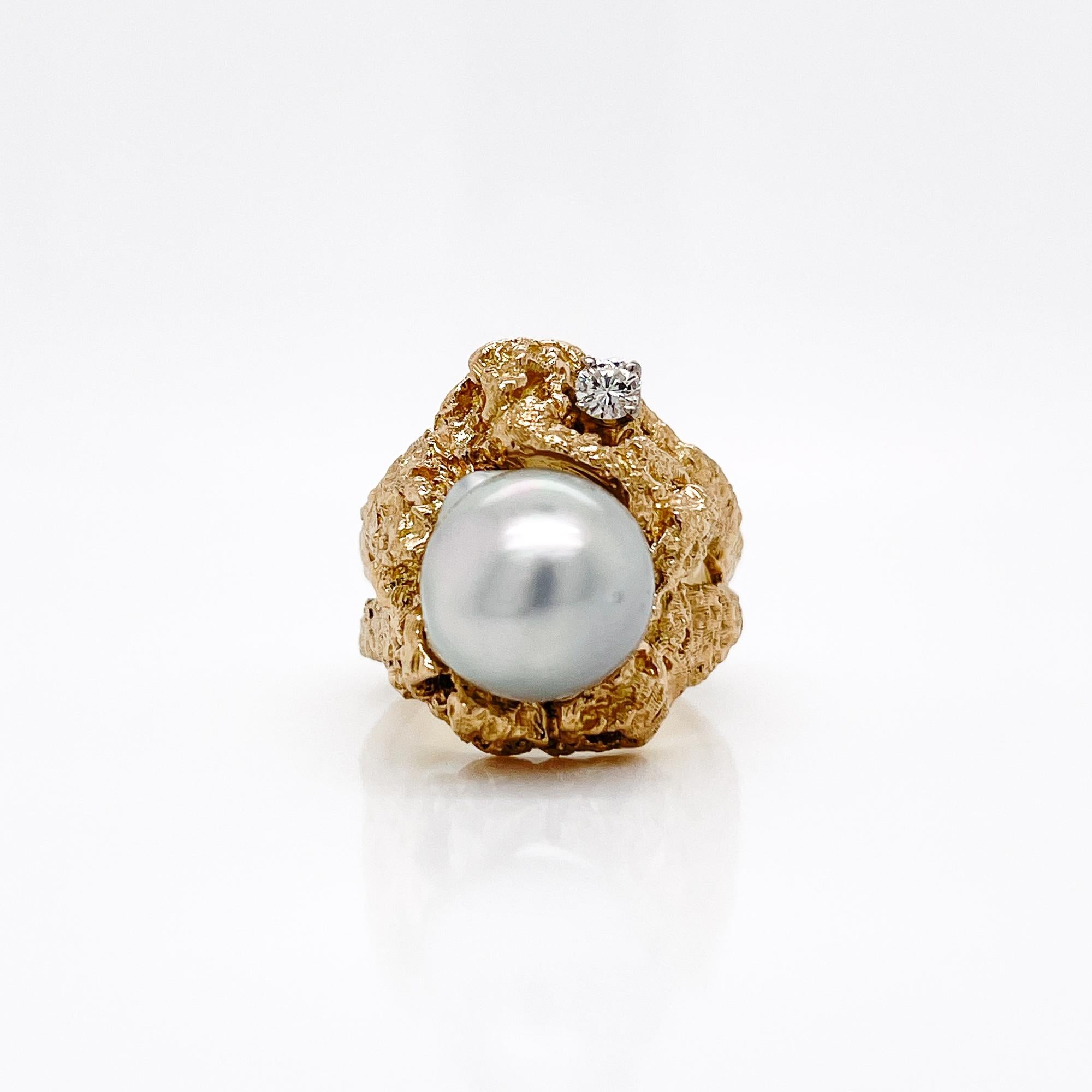 Women's Vintage Brutalist Grey Baroque Pearl, Diamond & 14 Karat Gold Ring