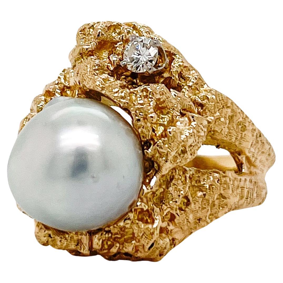 Bague vintage brutaliste en or 14 carats, diamants et perle baroque grise  