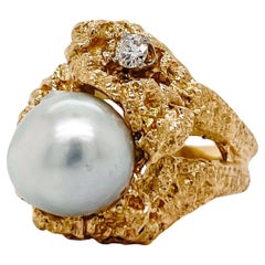 Vintage Brutalist Grau Barock Perle, Diamant & 14 Karat Gold Ring  