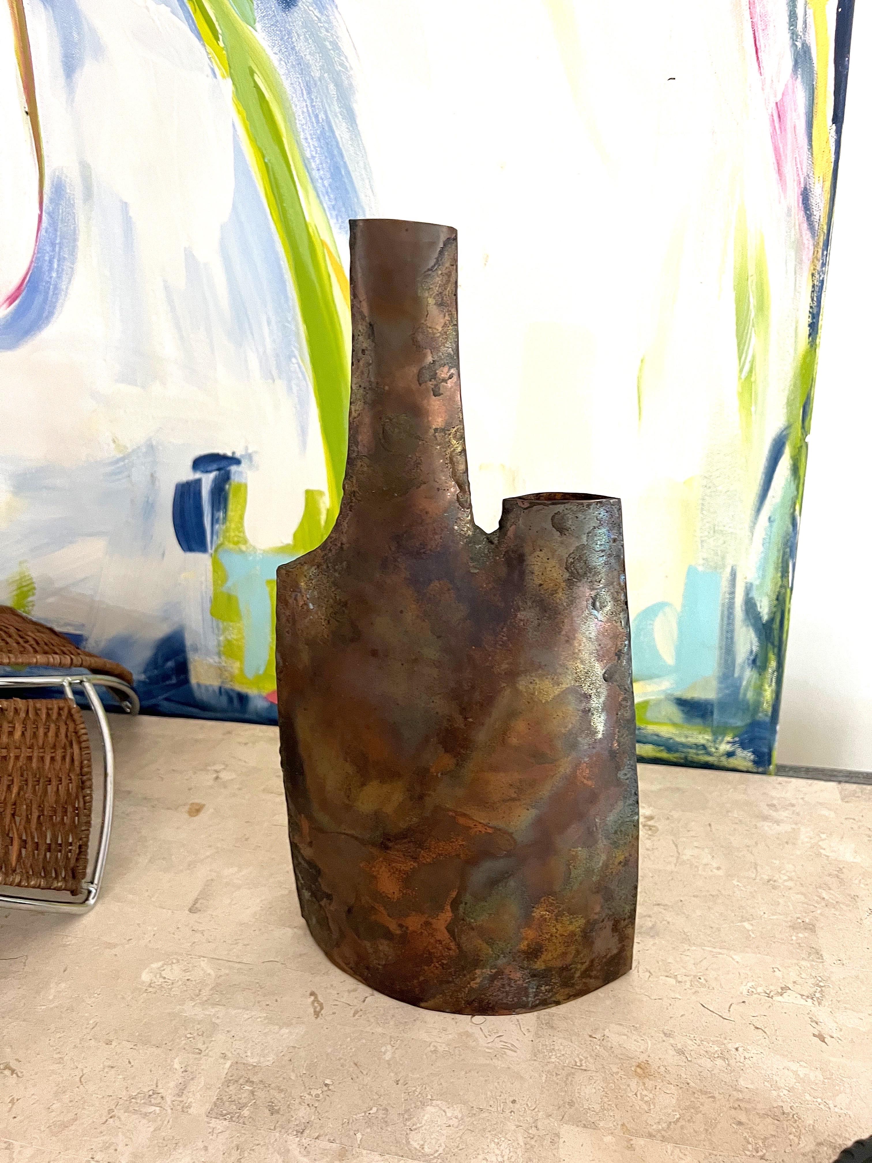 Metal Vintage Brutalist Hand Forged Double Vase For Sale