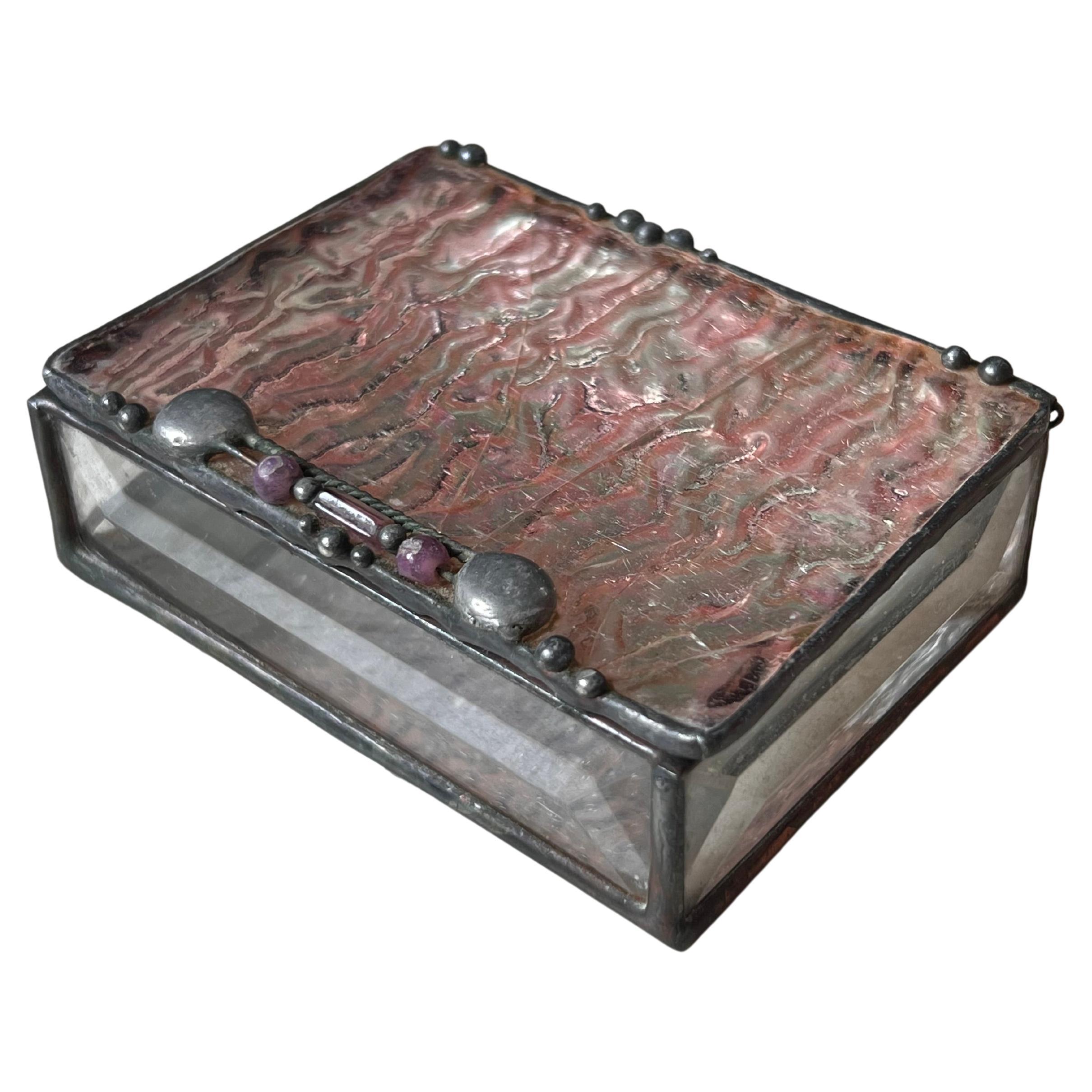 Vintage Brutalist Hand Worked Metal and Abalone Jewelry Box, 1994 For Sale