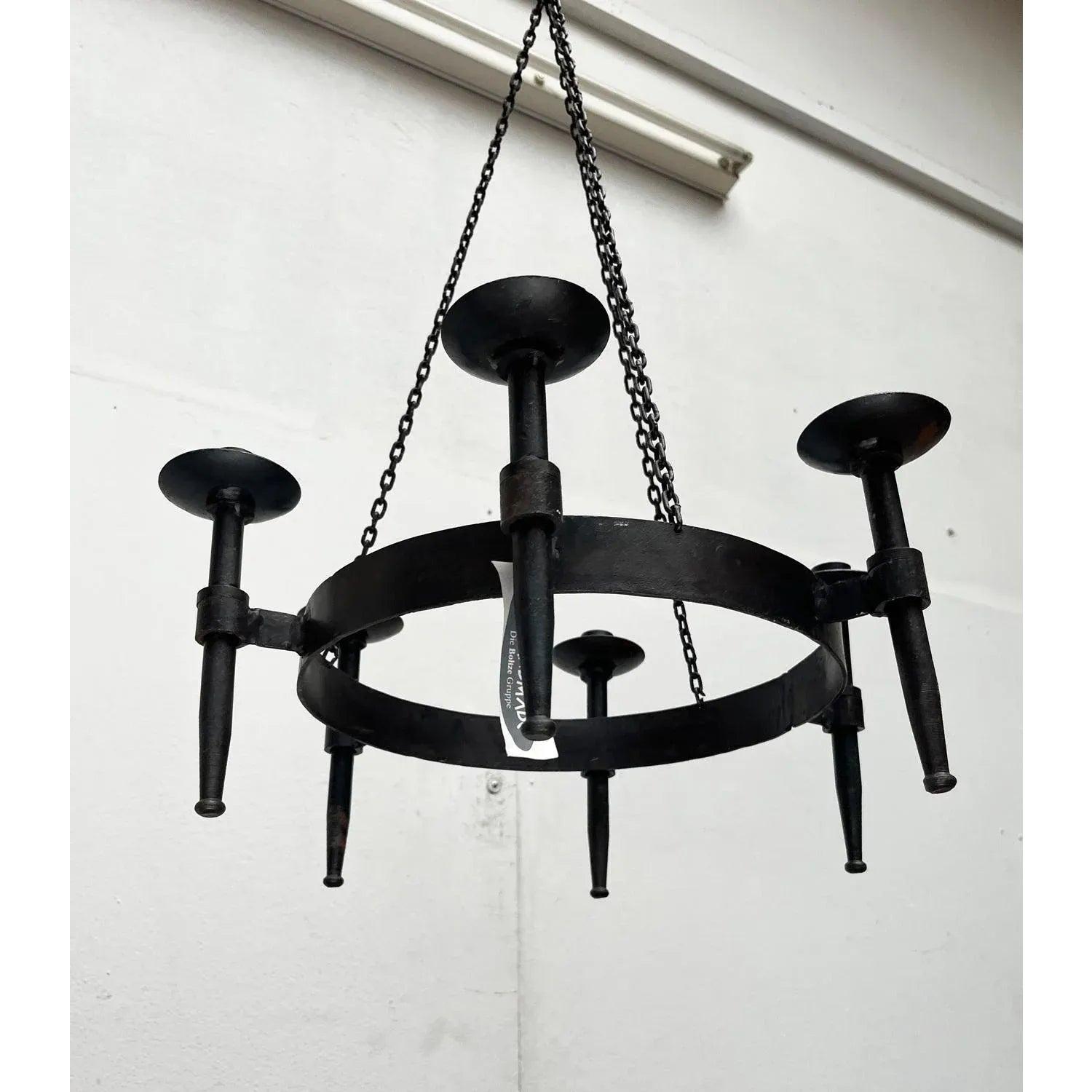 Vintage Brutalist Handmade Candle Chandelier in Wrought Iron from Boltze, 1970s For Sale 6