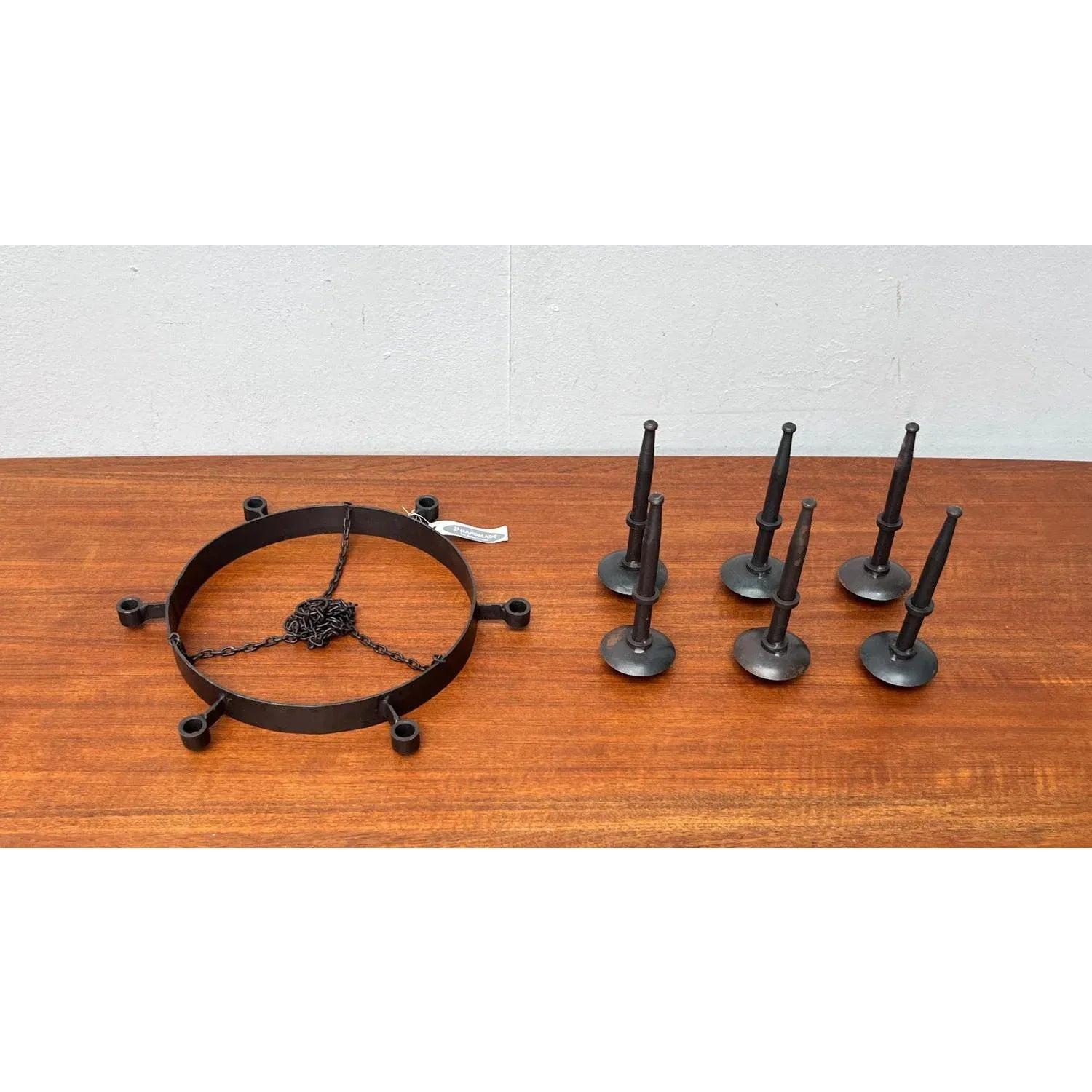 Vintage Brutalist Handmade Candle Chandelier in Wrought Iron from Boltze, 1970s For Sale 7