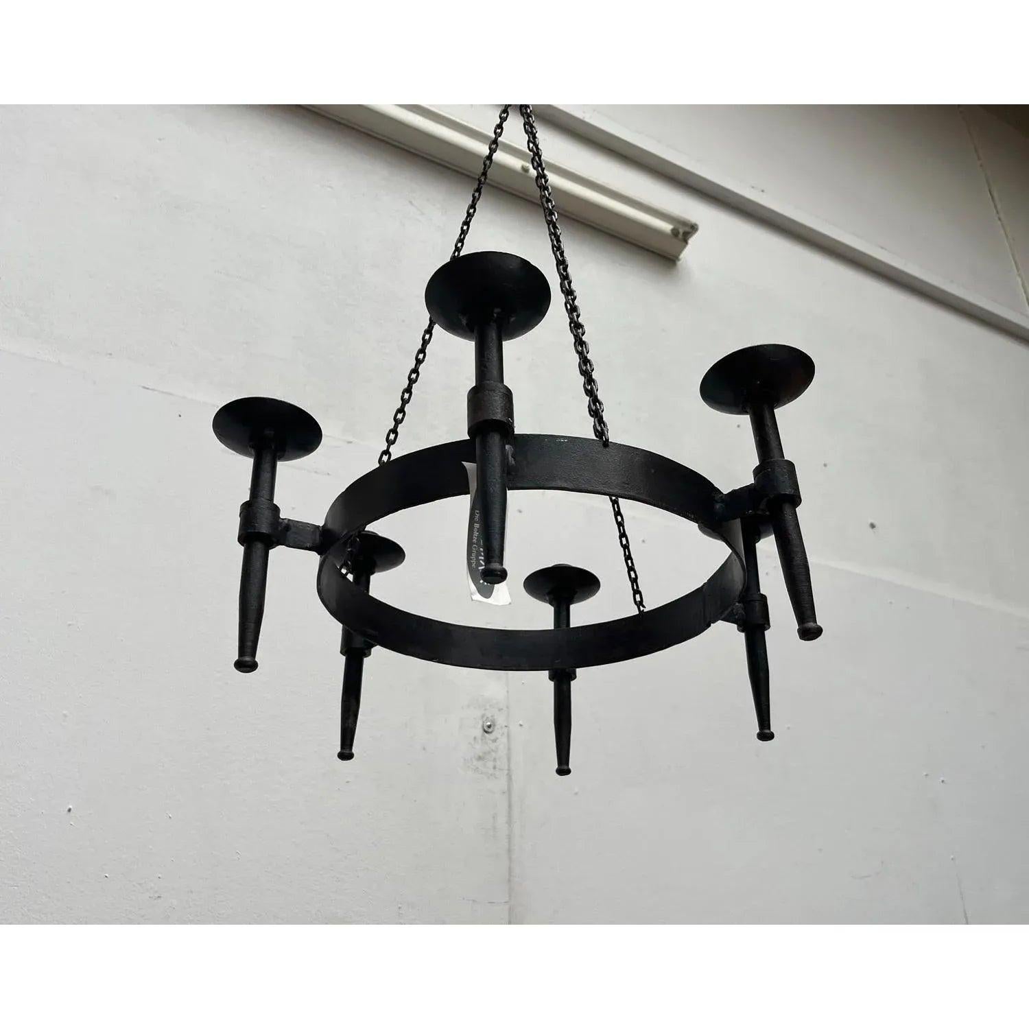 Vintage Brutalist Handmade Candle Chandelier in Wrought Iron from Boltze, 1970s In Excellent Condition For Sale In Hamburg, DE