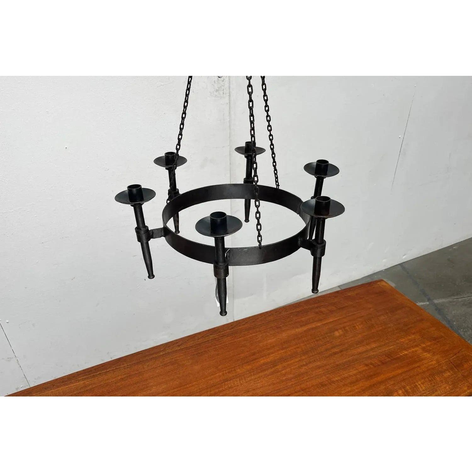 20th Century Vintage Brutalist Handmade Candle Chandelier in Wrought Iron from Boltze, 1970s For Sale