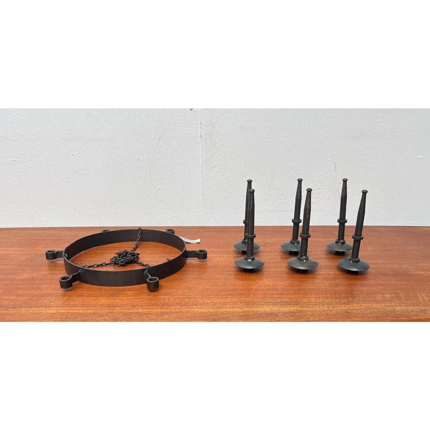 Vintage Brutalist Handmade Candle Chandelier in Wrought Iron from Boltze, 1970s For Sale 4