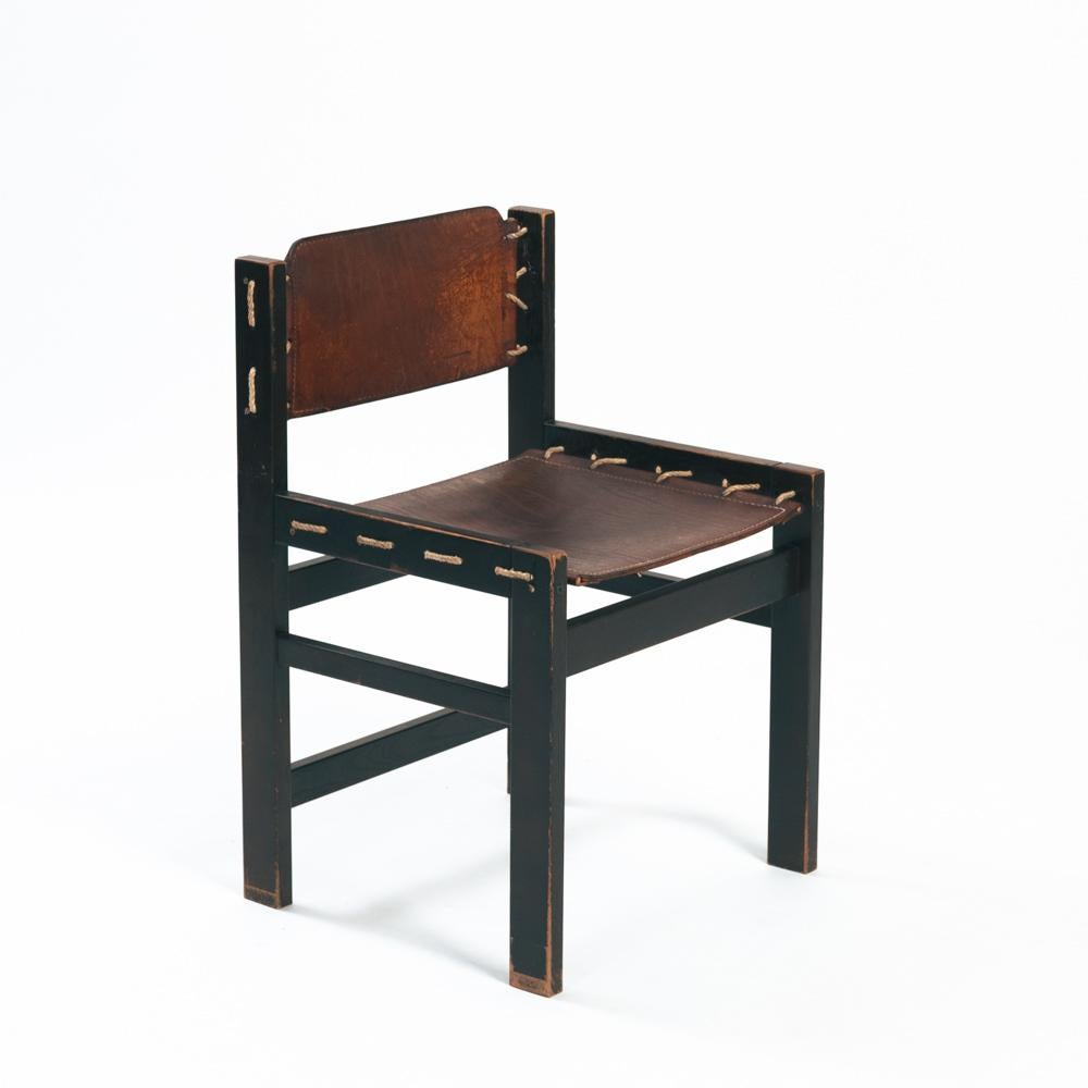 Dutch Vintage Brutalist Hide Leather and Wood with Rope Dining Chairs, Set of 2 For Sale