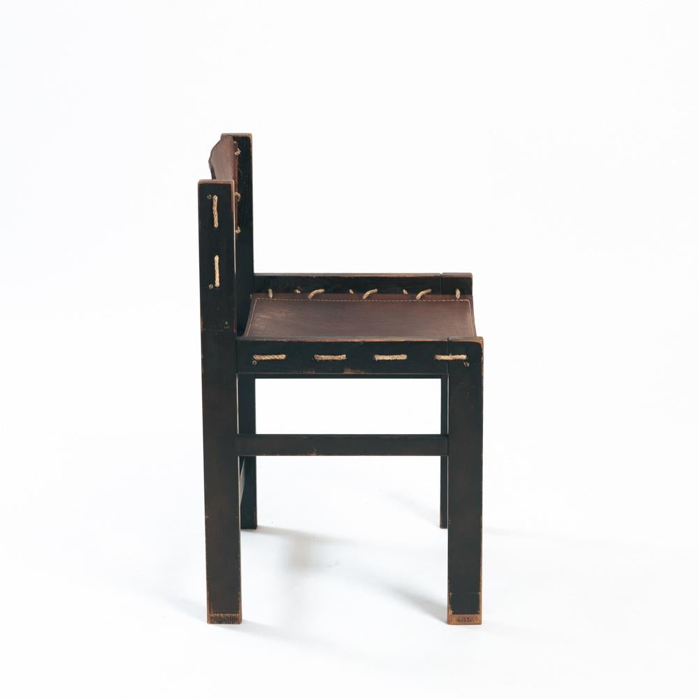 Vintage Brutalist Hide Leather and Wood with Rope Dining Chairs, Set of 2 In Fair Condition For Sale In Zevenaar, NL