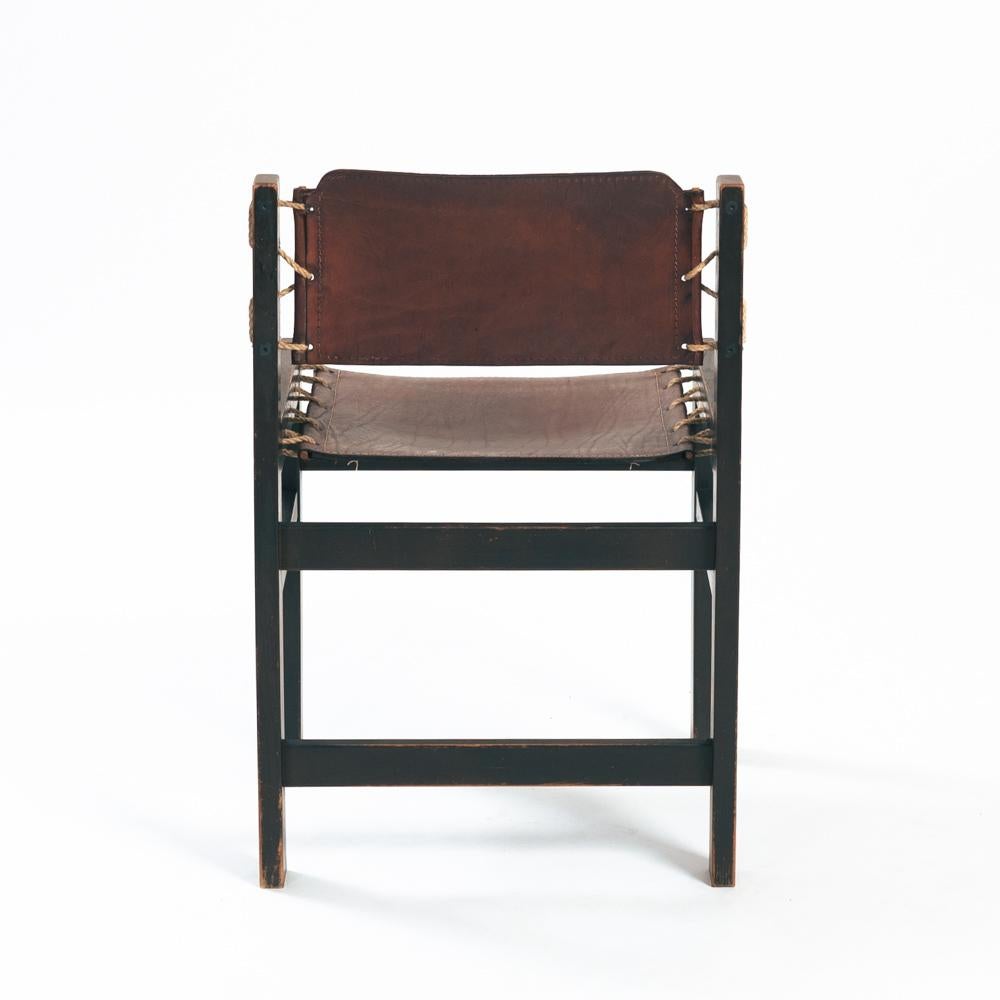 Vintage Brutalist Hide Leather and Wood with Rope Dining Chairs, Set of 2 For Sale 1