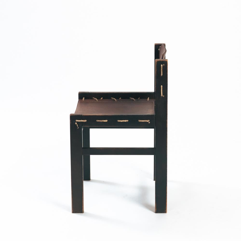 Vintage Brutalist Hide Leather and Wood with Rope Dining Chairs, Set of 2 For Sale 2