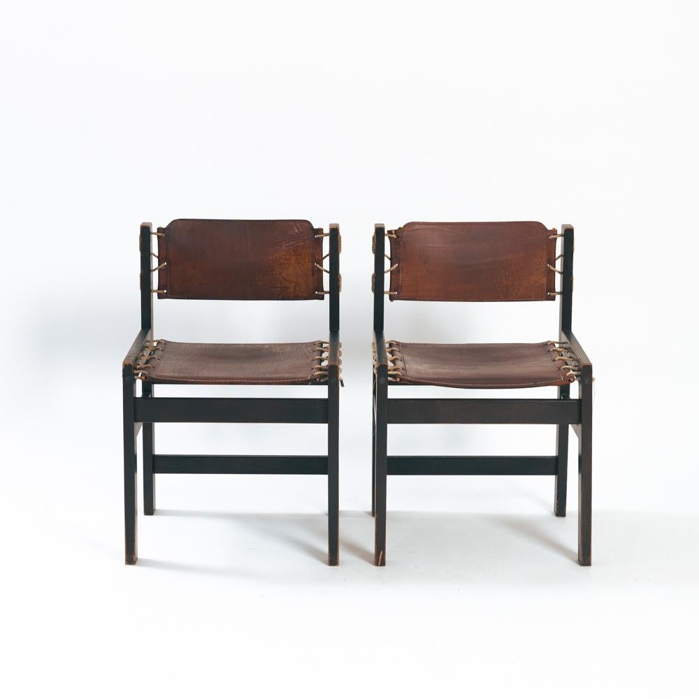 Vintage Brutalist Hide Leather and Wood with Rope Dining Chairs, Set of 2 For Sale 3