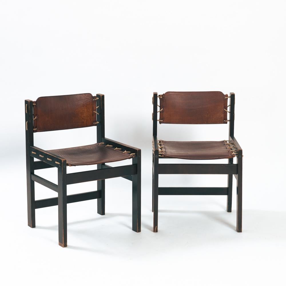 Vintage Brutalist Hide Leather and Wood with Rope Dining Chairs, Set of 2 For Sale 4
