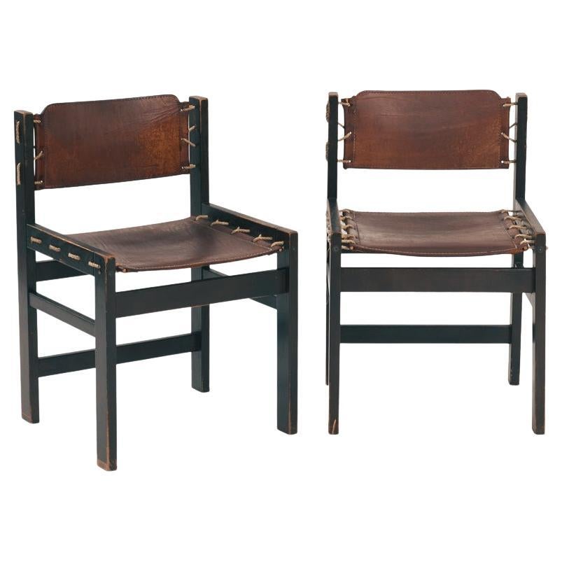 Chaises de salle à manger vintage brutaliste en cuir et Wood avec corde, ensemble de 2